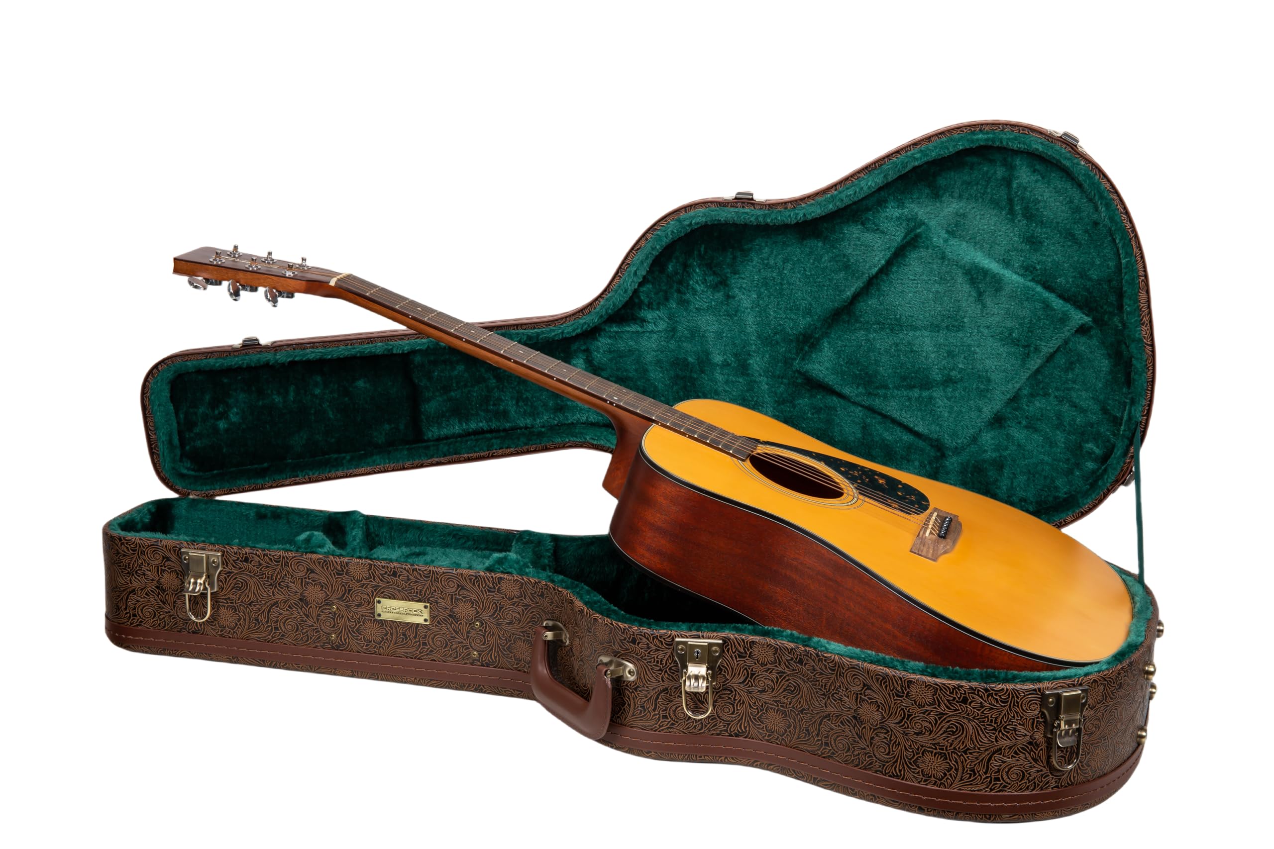Crossrock Wooden Dreadnought Guitar Case For Martin D-28 / Taylor Grand Auditorium | Blossom Brown Faux Leather, Forest Green Ve