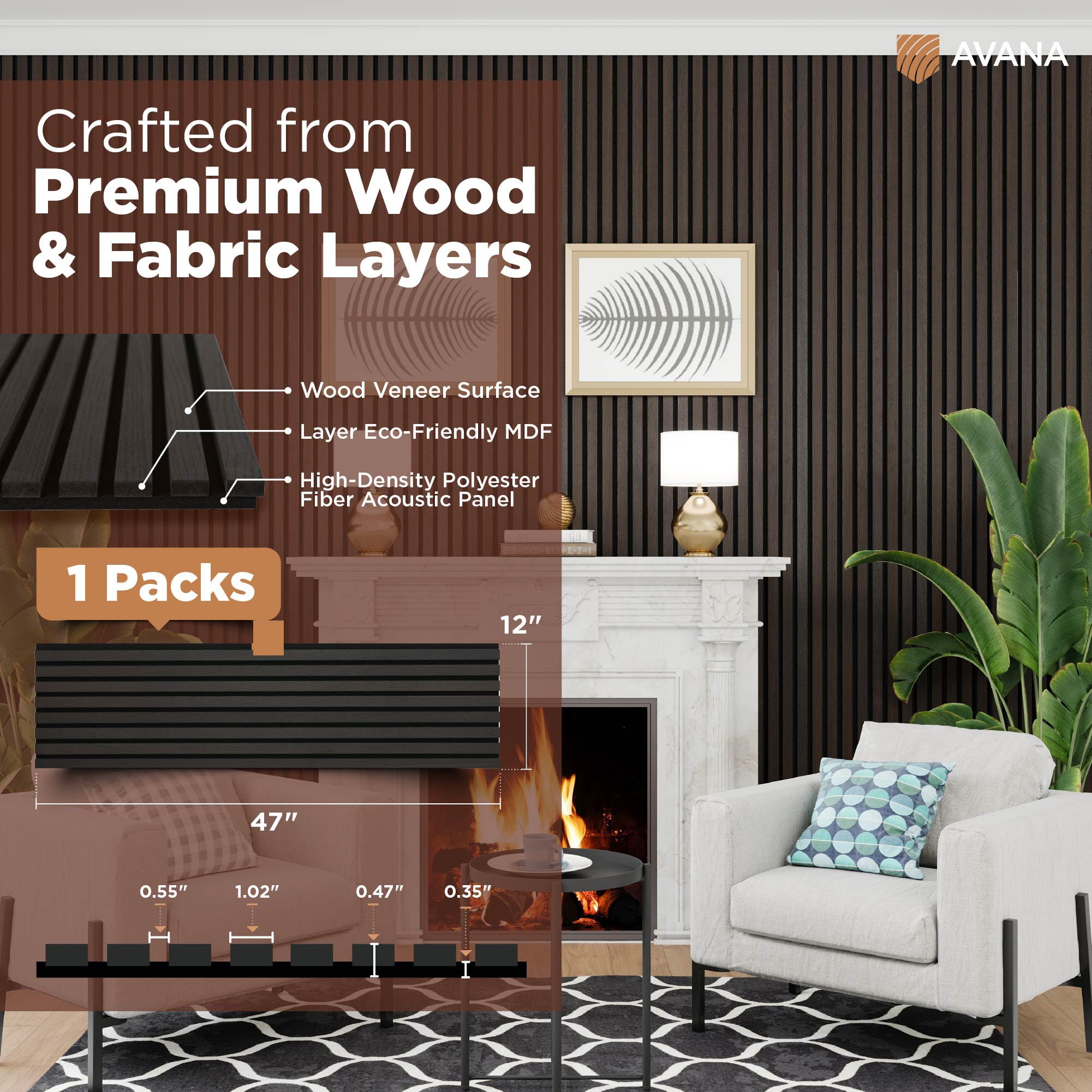 Avana Acoustic Wood Wall Panels - 47.2 x 12.6 Inch Smoke Oak Acoustic Panels 1 PC - Wall Panels For Interior Wall Decor for Home