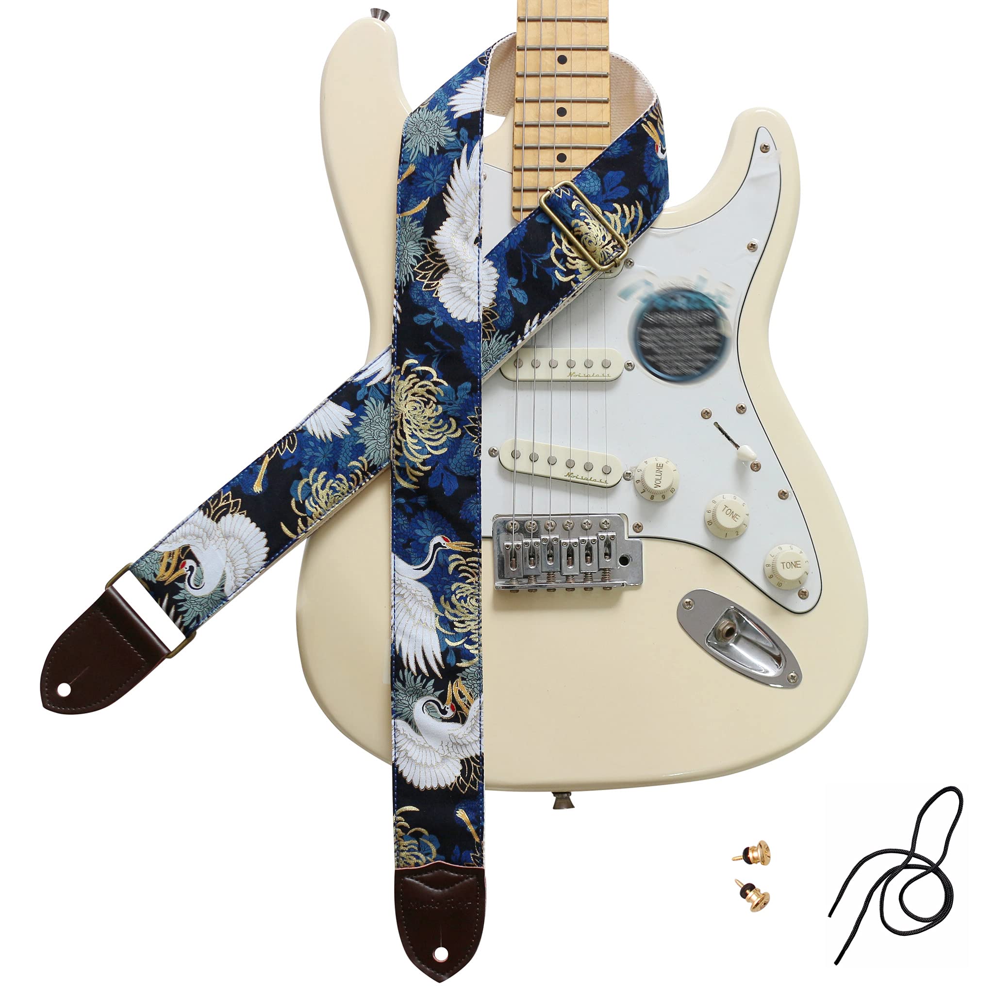 Music First Original Design, 2 Inch Width (5Cm), Vintage Ukiyoe Style Chrysanthemum & Crane In Blue Electric Guitar Strap Bass S