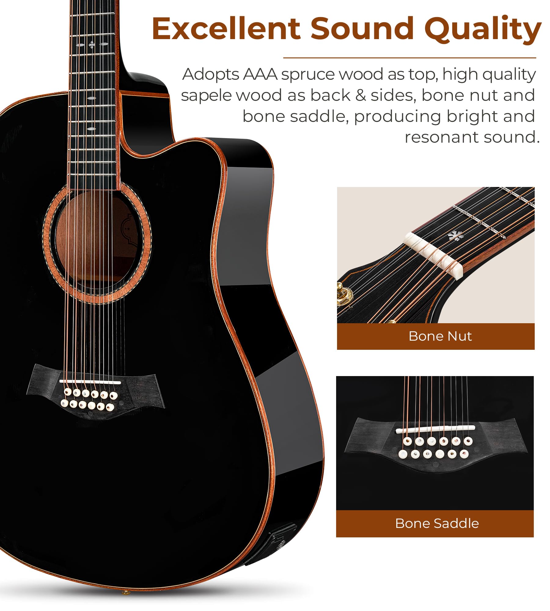 Vangoa Advanced 12 String Guitar Full Size Twelve String Guitar Acoustic Electric 4 Band EQ Electroacoustic Guitar Set for Begin