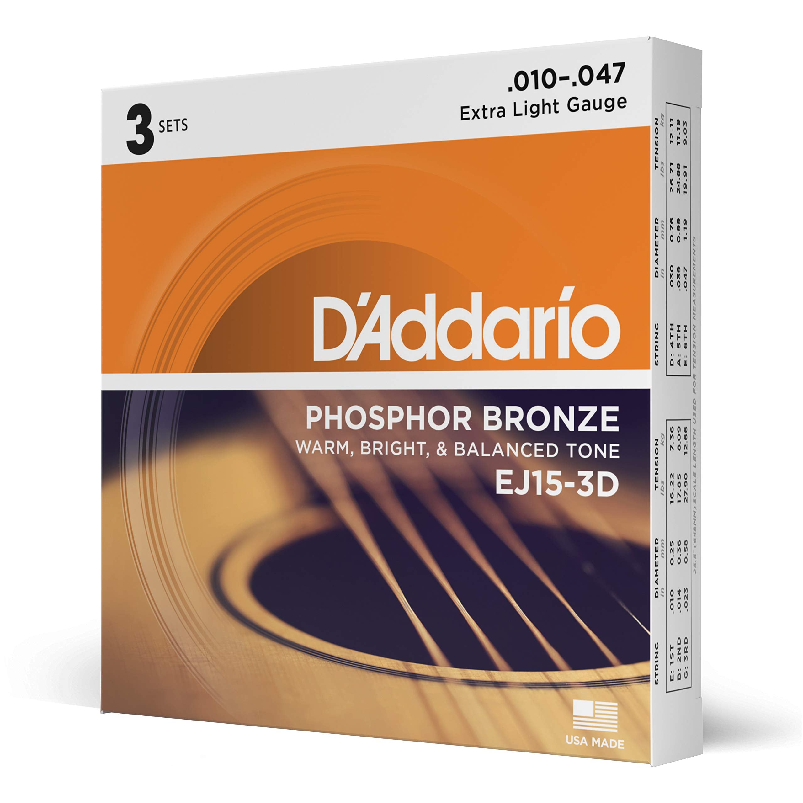 Daddario Guitar Strings - Phosphor Bronze Acoustic Guitar Strings - Ej15-3D - Rich, Full Tonal Spectrum - For 6 String Guitars -