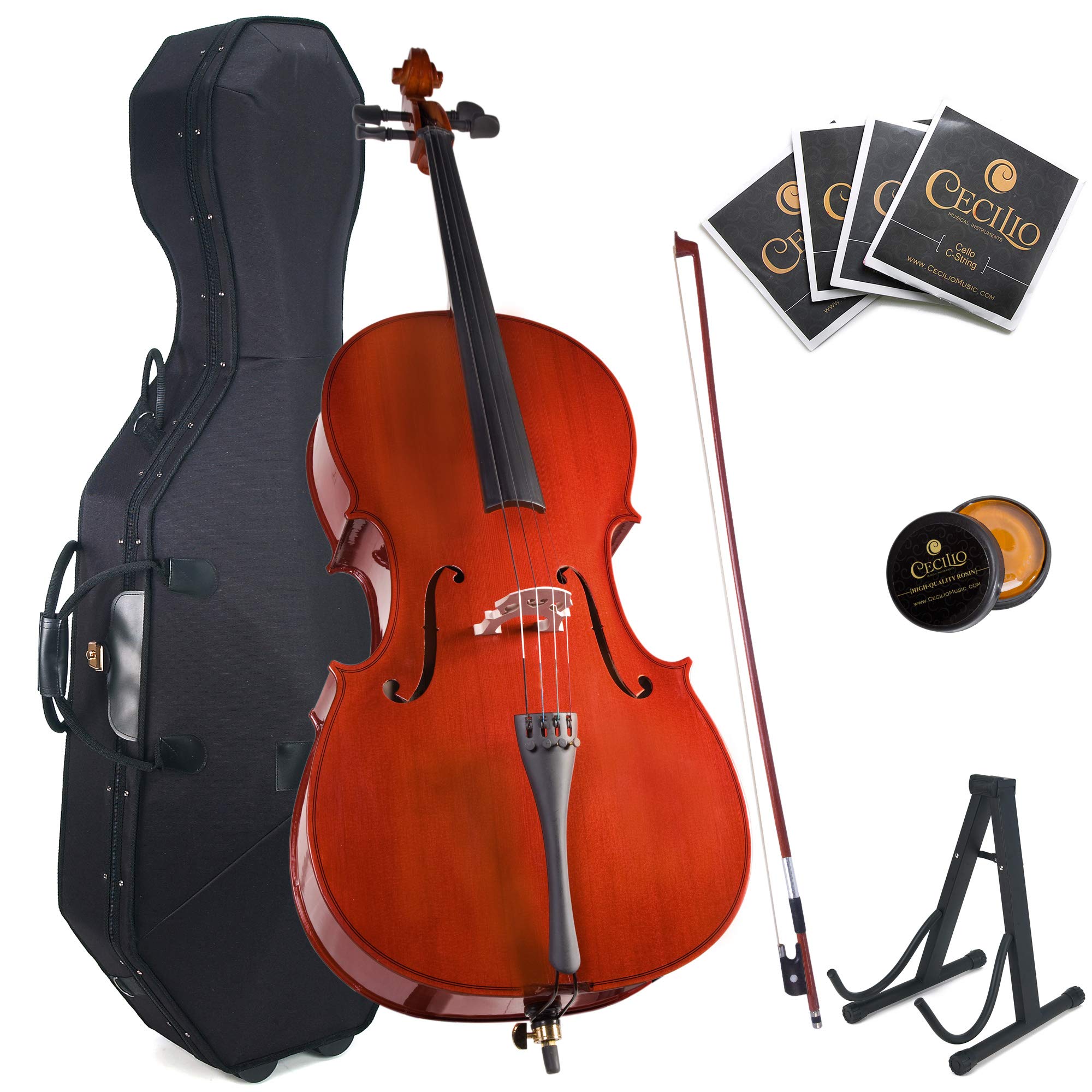 Cecilio CCO-300 Solid Wood Cello with Hard & Soft Case, Stand, Bow, Rosin, Bridge and Extra Set of Strings, Size 4/4 (Full Size)