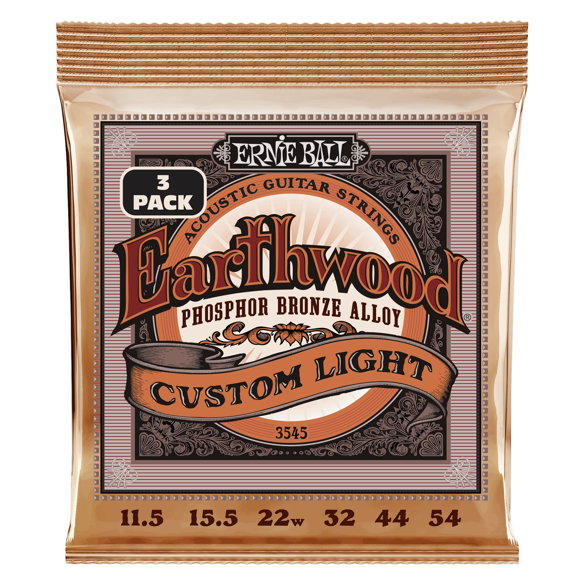 Ernie Ball Earthwood Custom Light Phosphor Bronze Acoustic Guitar Strings, 3-Pack, 115-54 Gauge (P03545)