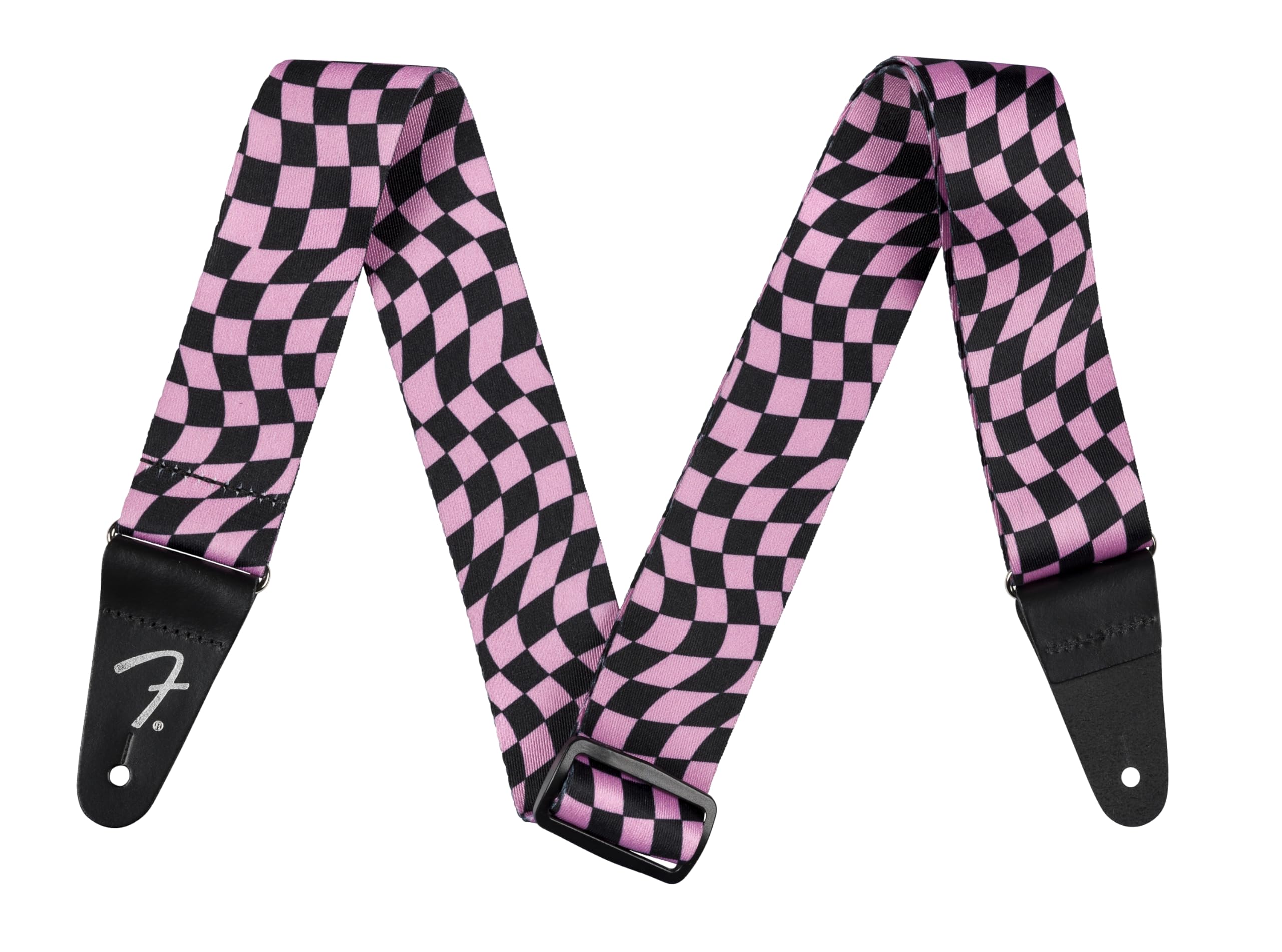 Fender Wavy Checkerboard Polyester Guitar Strap, Adjustable From 34''-59'', Leather Ends, Pink