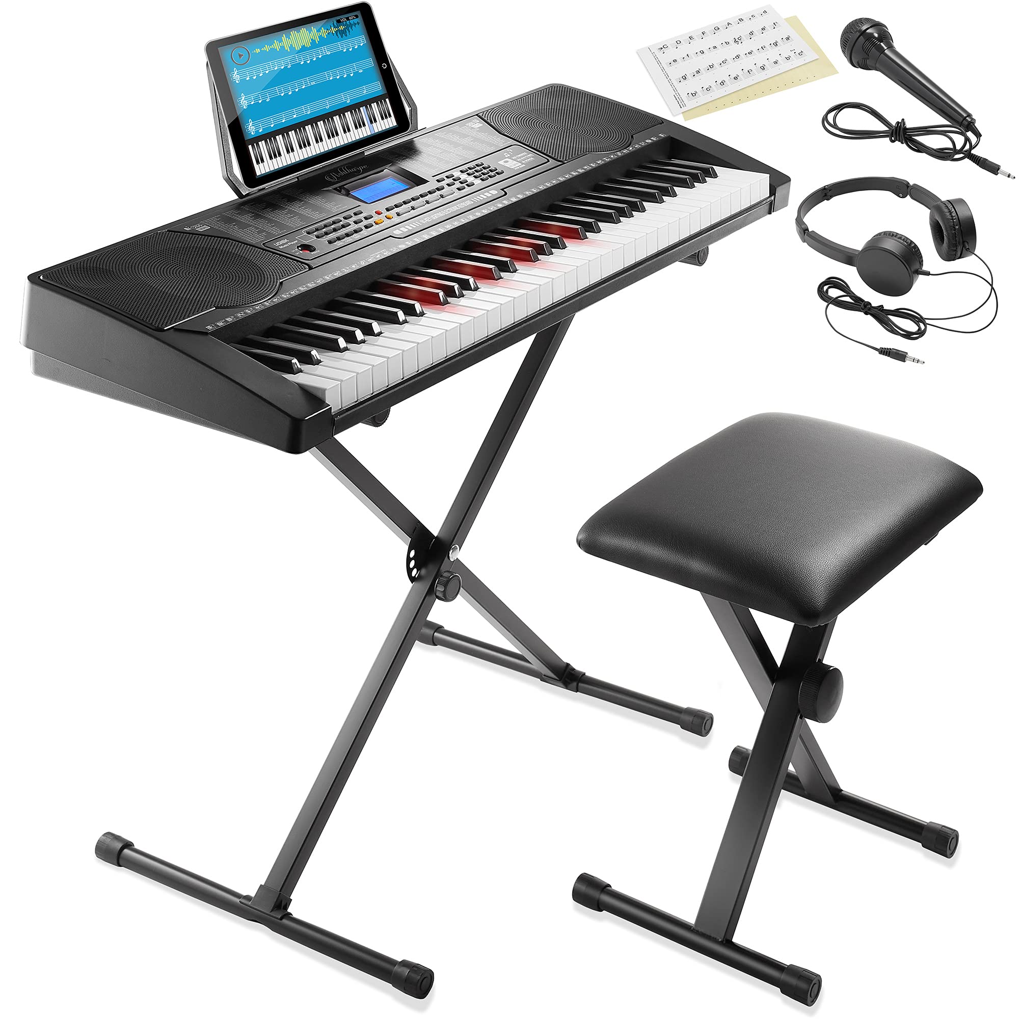 Ashthorpe 61-Key Digital Electronic Keyboard Piano with Light Up Keys, Beginner Kit Includes Stand, Stool, Headphones, Mic and K