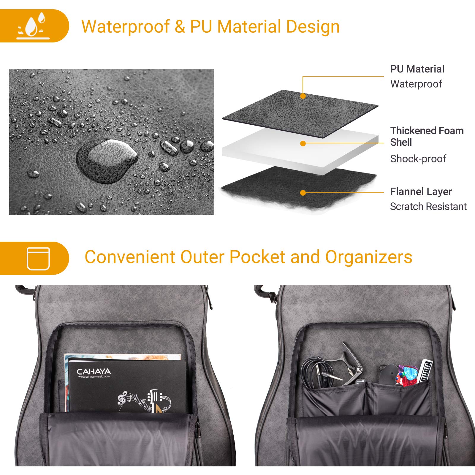 CAHAYA Guitar Case Acoustic Hardshell 0.8in Thick Padding Waterproof PU with 3 Pockets and Storage Box Inside Hard Guitar Case f