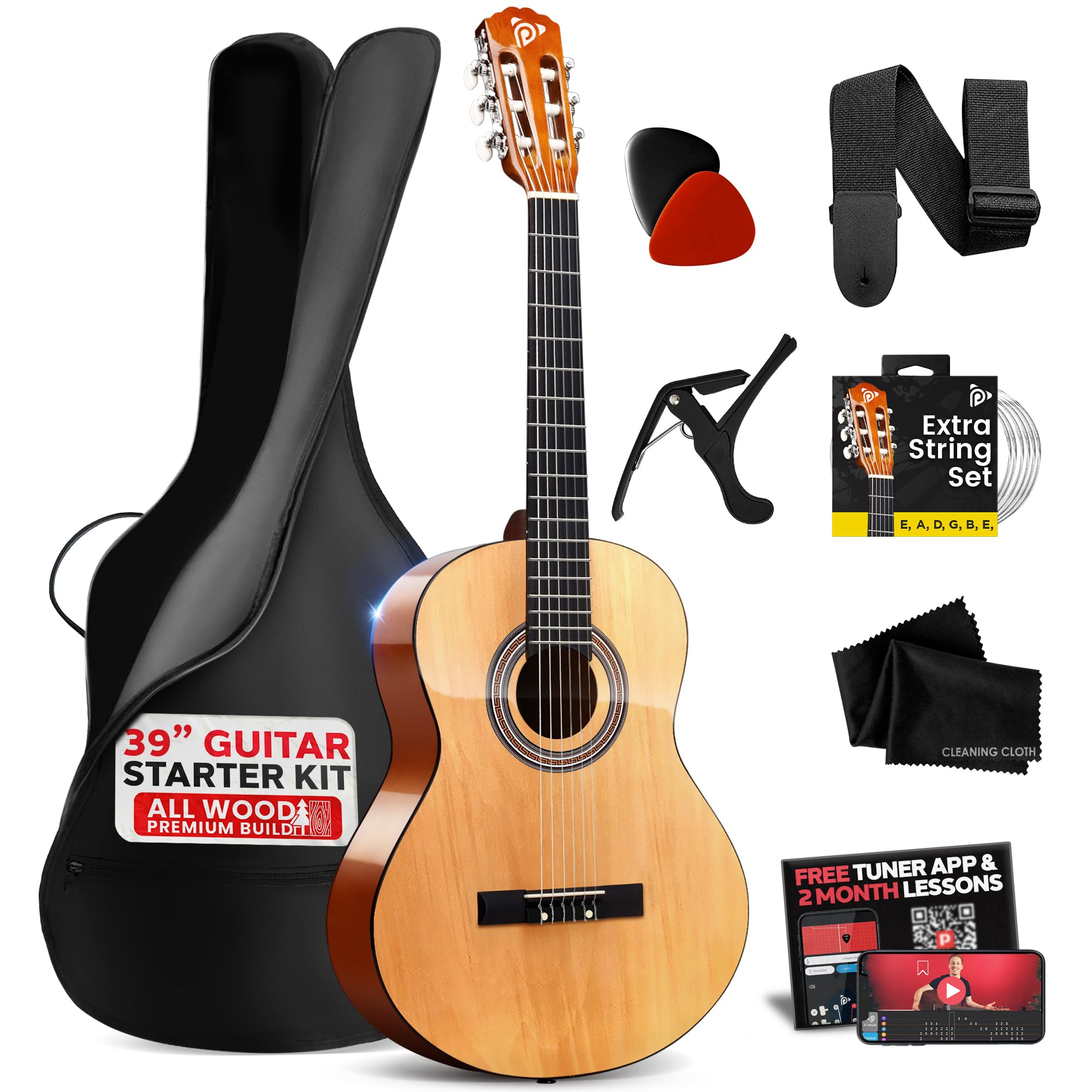 Pyle Beginner Acoustic Guitar Kit, 4/4 Full Size All Wood Build Nylon String Instrument with Capo, Strap, Extra String Set, Gig 