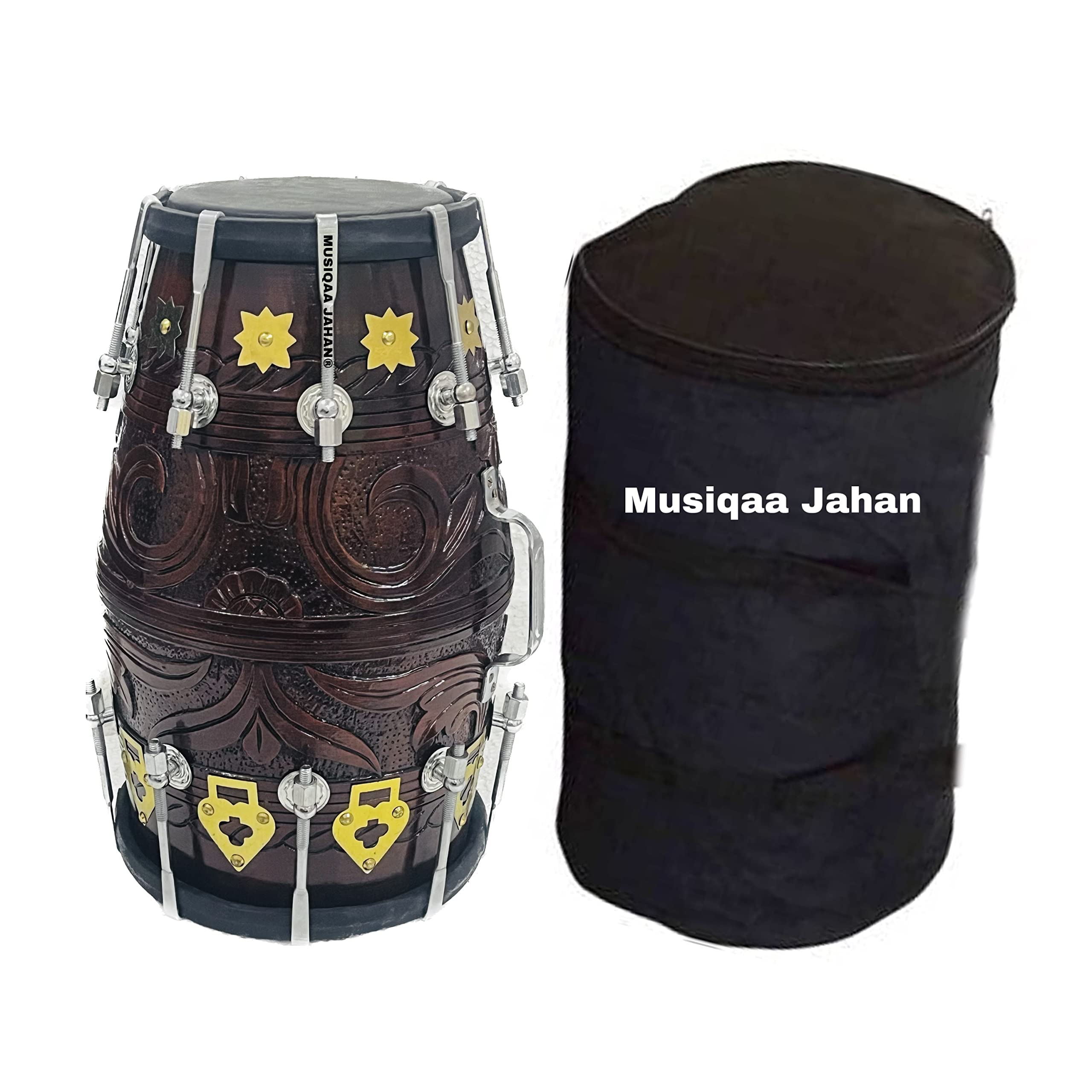 MUSIQAA JAHAN 092 DESIGN DHOLAK DRUM~HAND MADE INDIAN~SHESHAM WOOD & SPECIAL BLACK SKIN WITH BAG (only Black Lover)