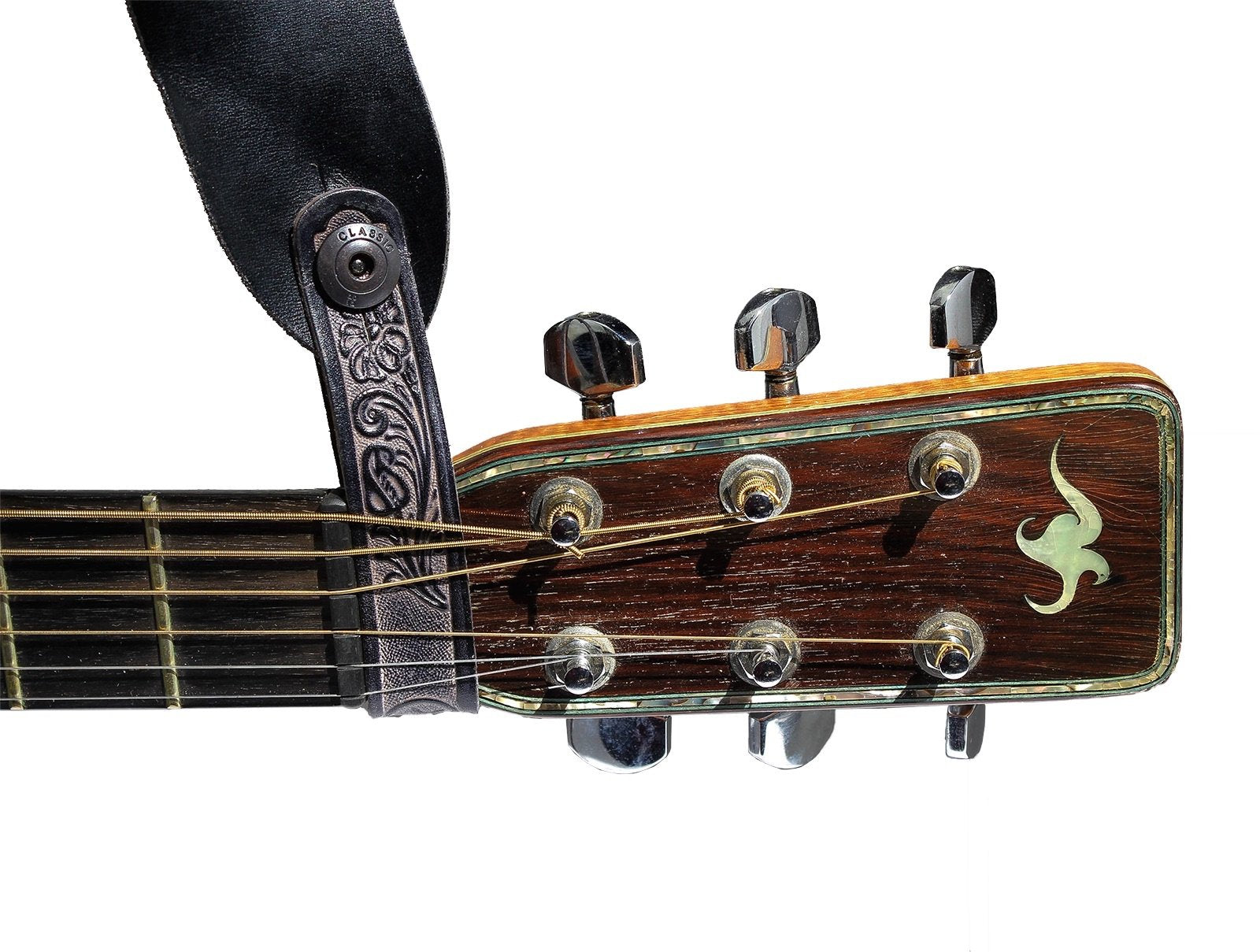 Walker & Williams AT-2 Black Carving Leather Acoustic Guitar Strap Button Headstock Adaptor For Acoustic, Electric, And Bass Gui