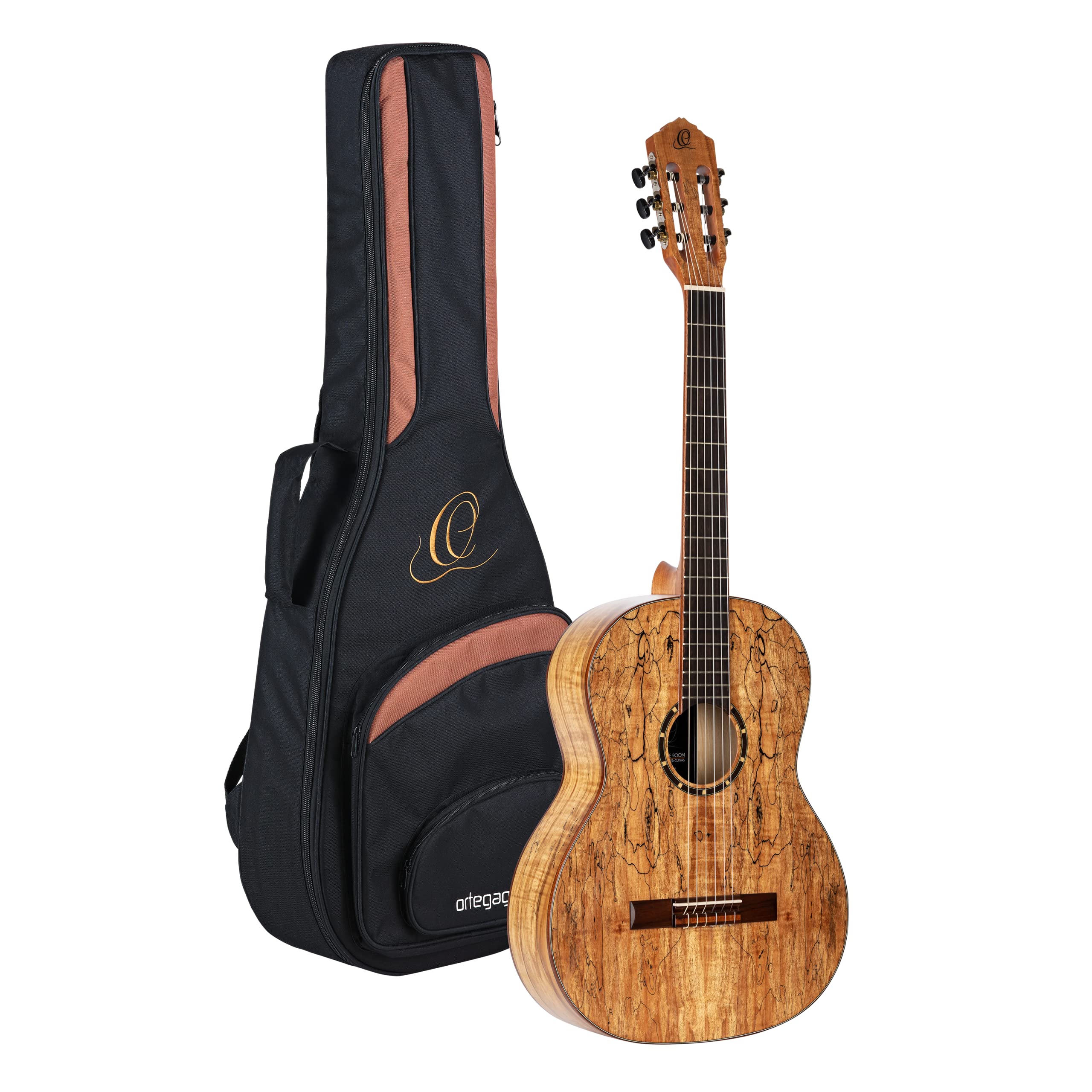 Ortega Guitars 6 String Private Room Spalted Maple Suite Solid Top Slim Neck Nylon Classical Guitar W/Bag, Right (Rsm-Reissue)