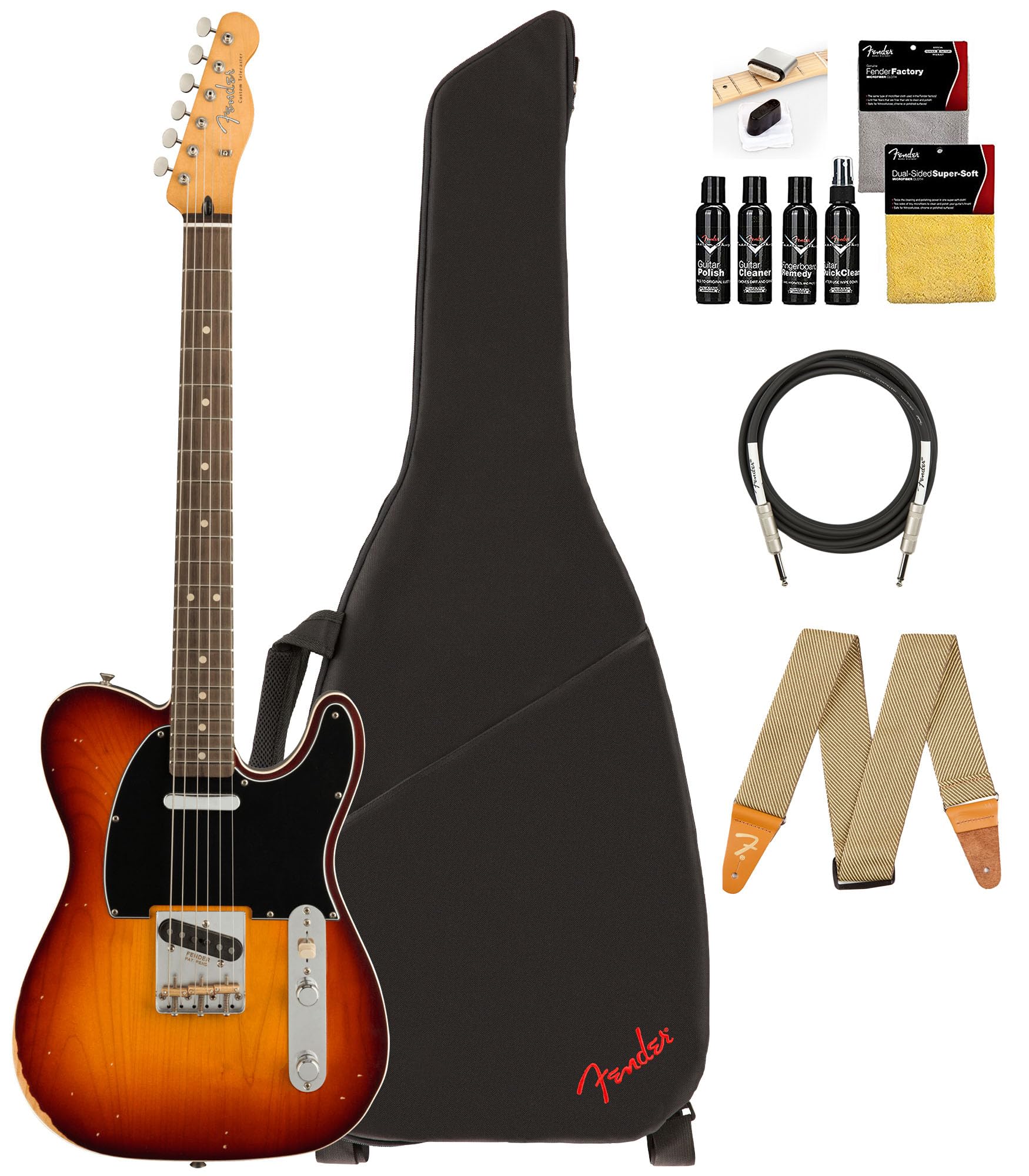 Fender Jason Isbell Custom Telecaster- 3-Color Chocolate Burst Bundle with Gig Bag, Strap, Cable, and Guitar Cleaning Kit