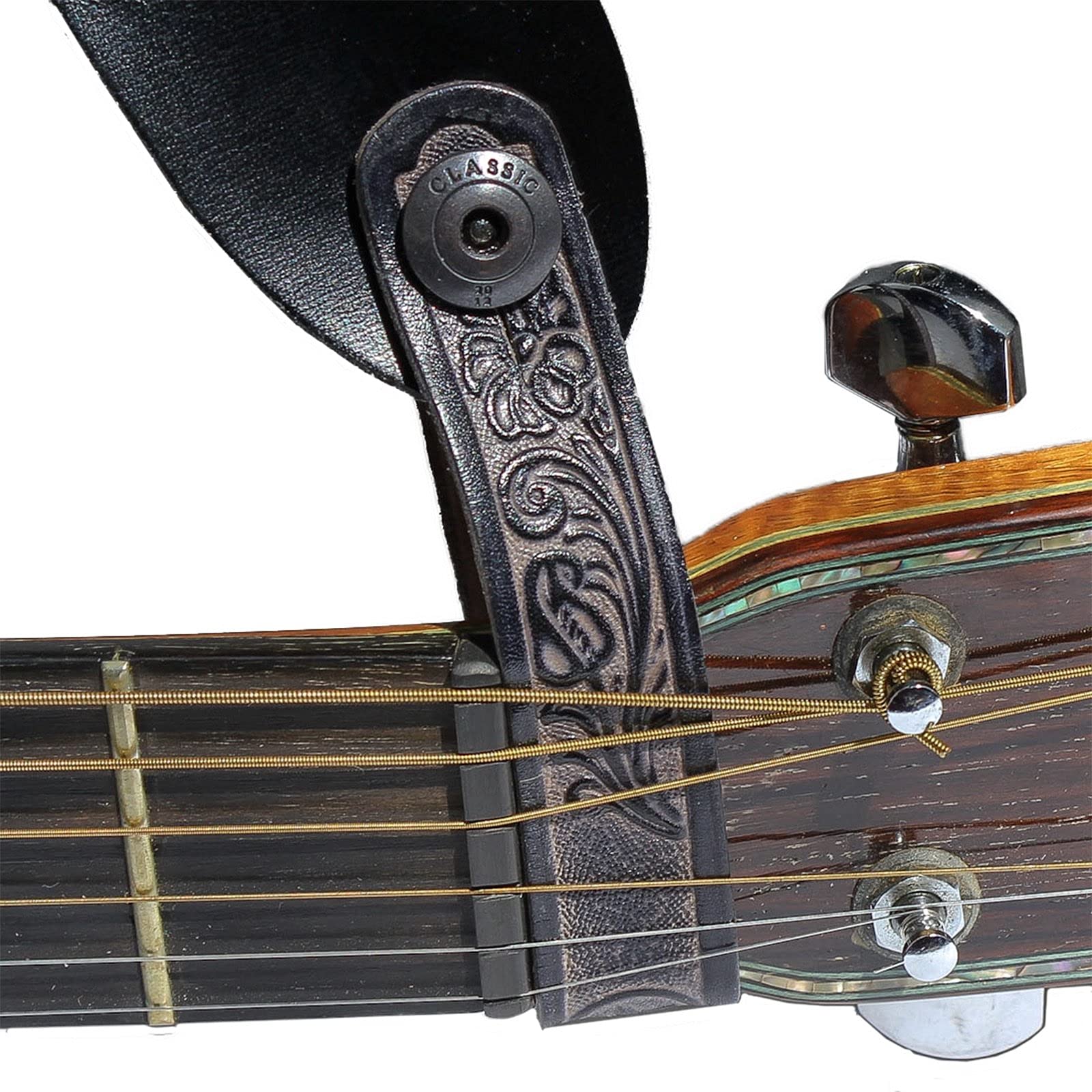 Walker & Williams At-2 Black Carving Leather Acoustic Guitar Strap Button Headstock Adaptor For Acoustic, Electric, And Bass Gui