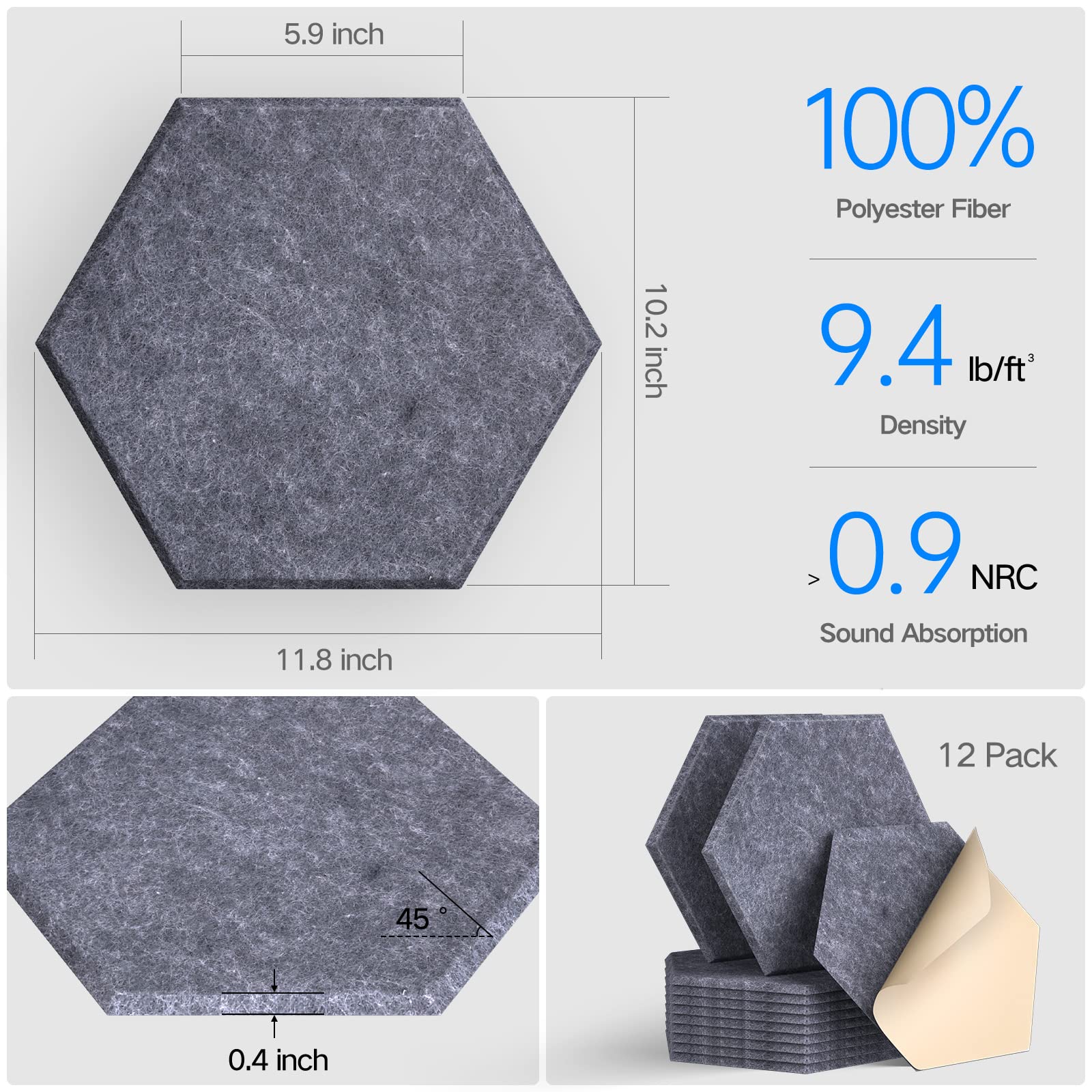Dailycooper 12 Pack Self-adhesive Acoustic Panels 12'' X 10'' X 0.4'' - Sound Proof Foam Panels with High Density, Stylish Hexag