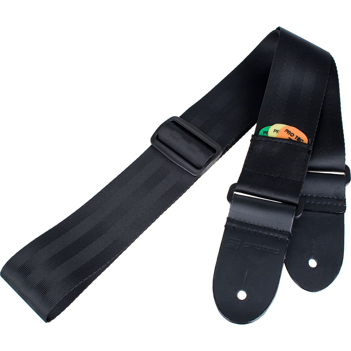 Protec Pro Tec Gss1 Seatbelt Guitar Strap With Thick Leather Ends And Pick Pocket Abdominal Support, Black