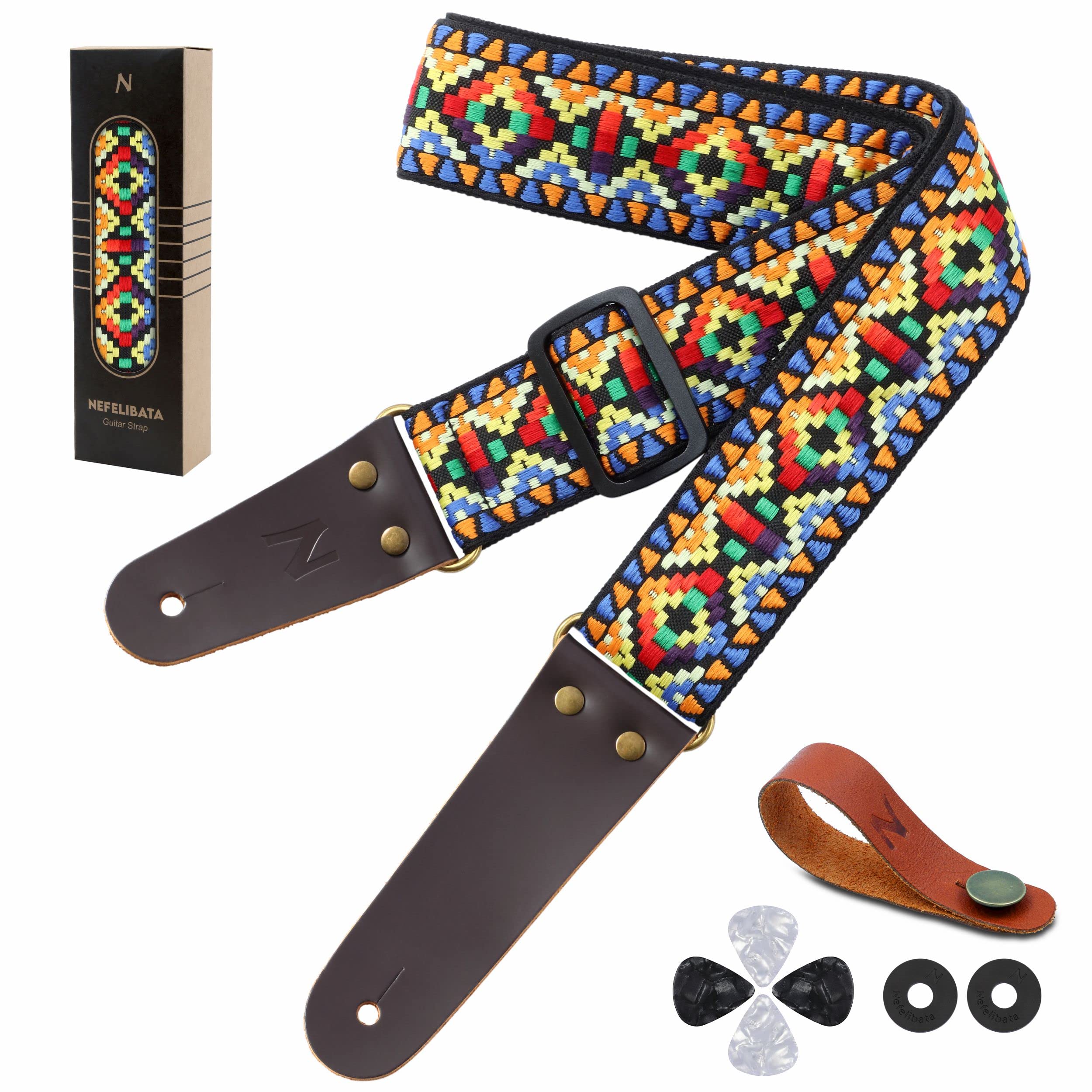 Nefelibata Guitar Strap, Vintage Cotton Guitar Straps with Genuine Leather Ends for Bass, Electric & Acoustic Guitars, Free Stra