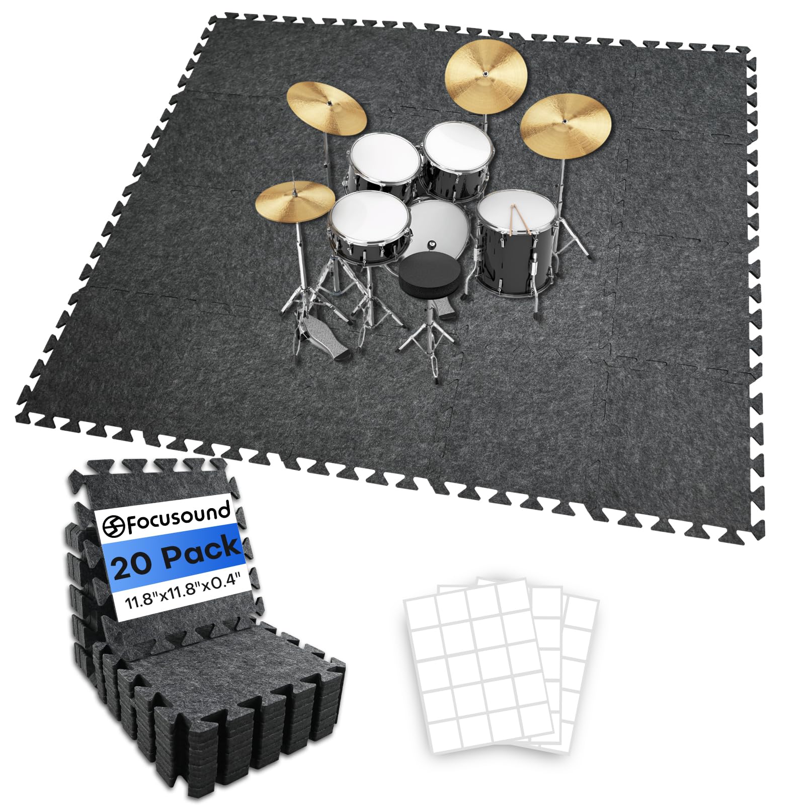 Focusound 20Pcs Sound Absorbing Interlocking Drum Rug, 11.8 x 11.8 x 0.4 inches High Density Soundproof Floor Mats, Non-Slip Ant