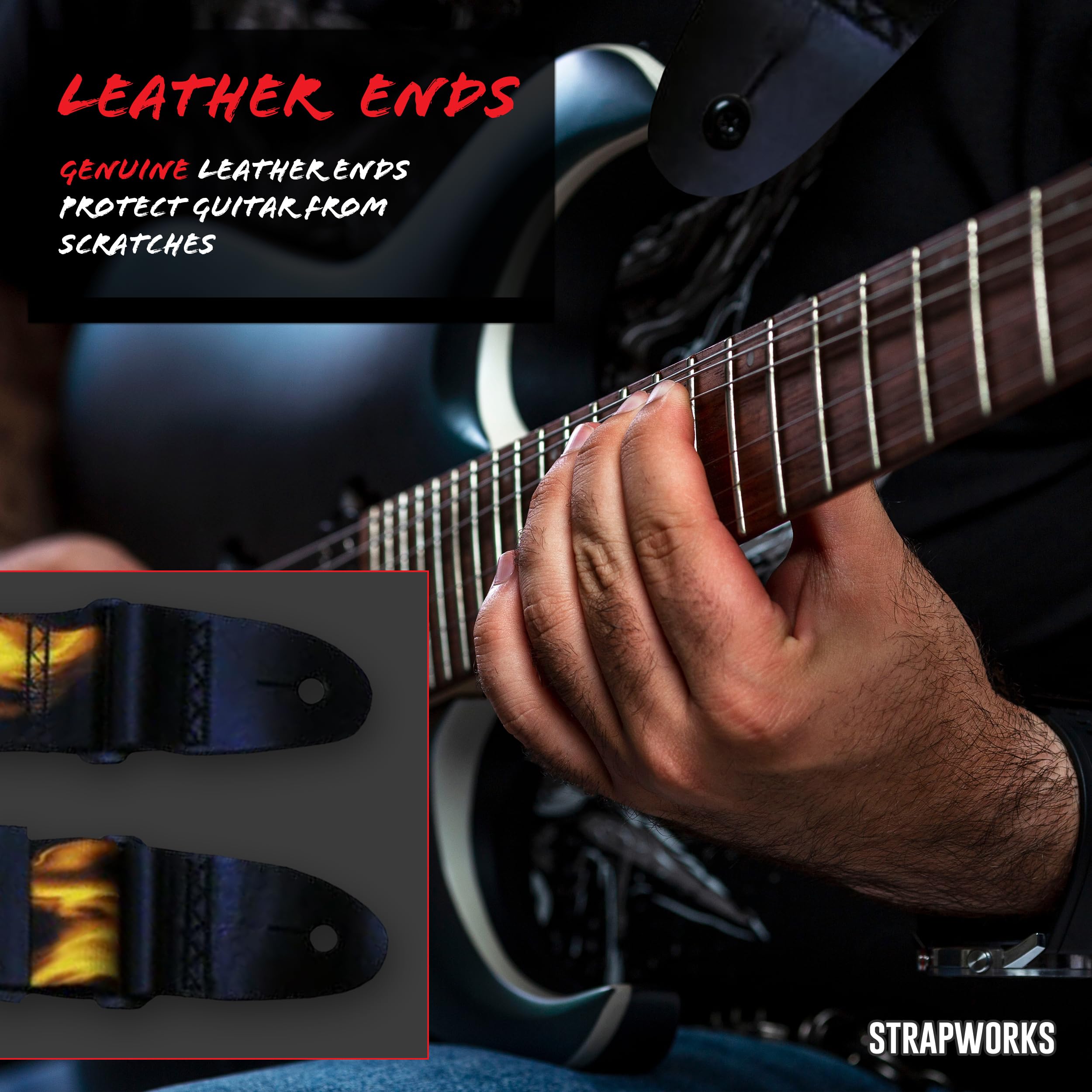 Killer-Q Guitar Strap - Stylish Straps for Electric and Acoustic Guitars With Leather Tabs, 2 Inches x 5 Feet, Fire