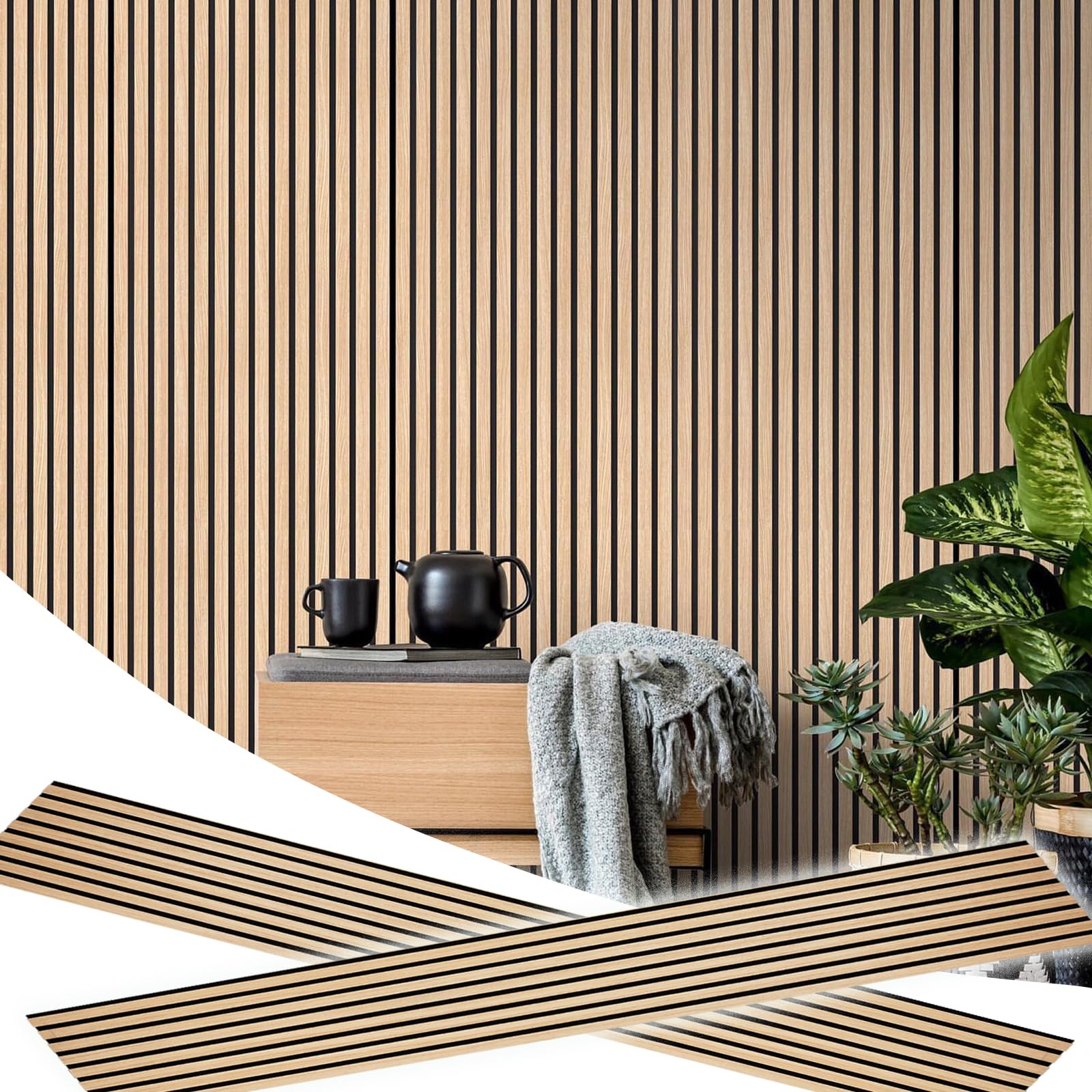 E-HAO 2 Piece Wood Slat Acoustic Panels for Stylish Decor and Noise Reduction, 3D Textured Panel for Ceiling and Wall - White Oa