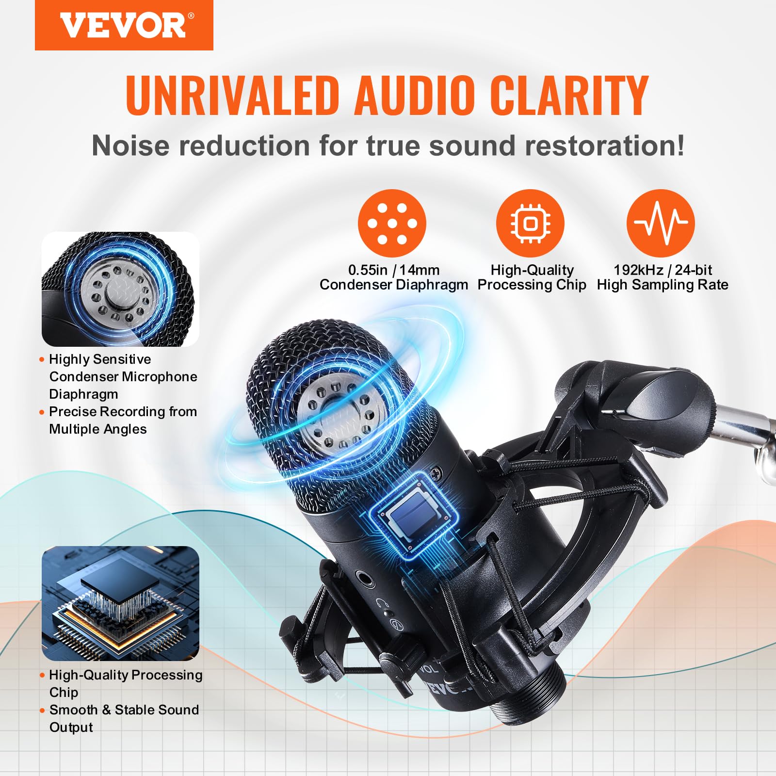VEVOR USB Microphone, 192kHz/24-bit, Professional Condenser Microphone Kit, with Boom Arm Stand Pop Filter Shock Mount Mute Butt