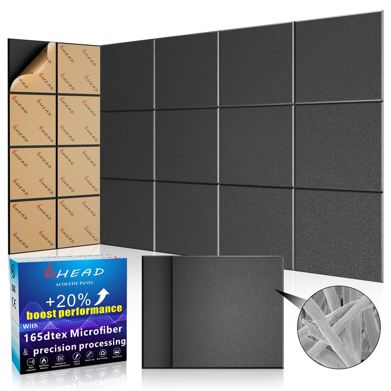 BSHEAD 10 pcs 165dtex Microfiber Acoustic Panels ,Self-Adhesive Soundproof Wall Panels, 12 x 12 x 0.4 in Sound Proof Foam Panels