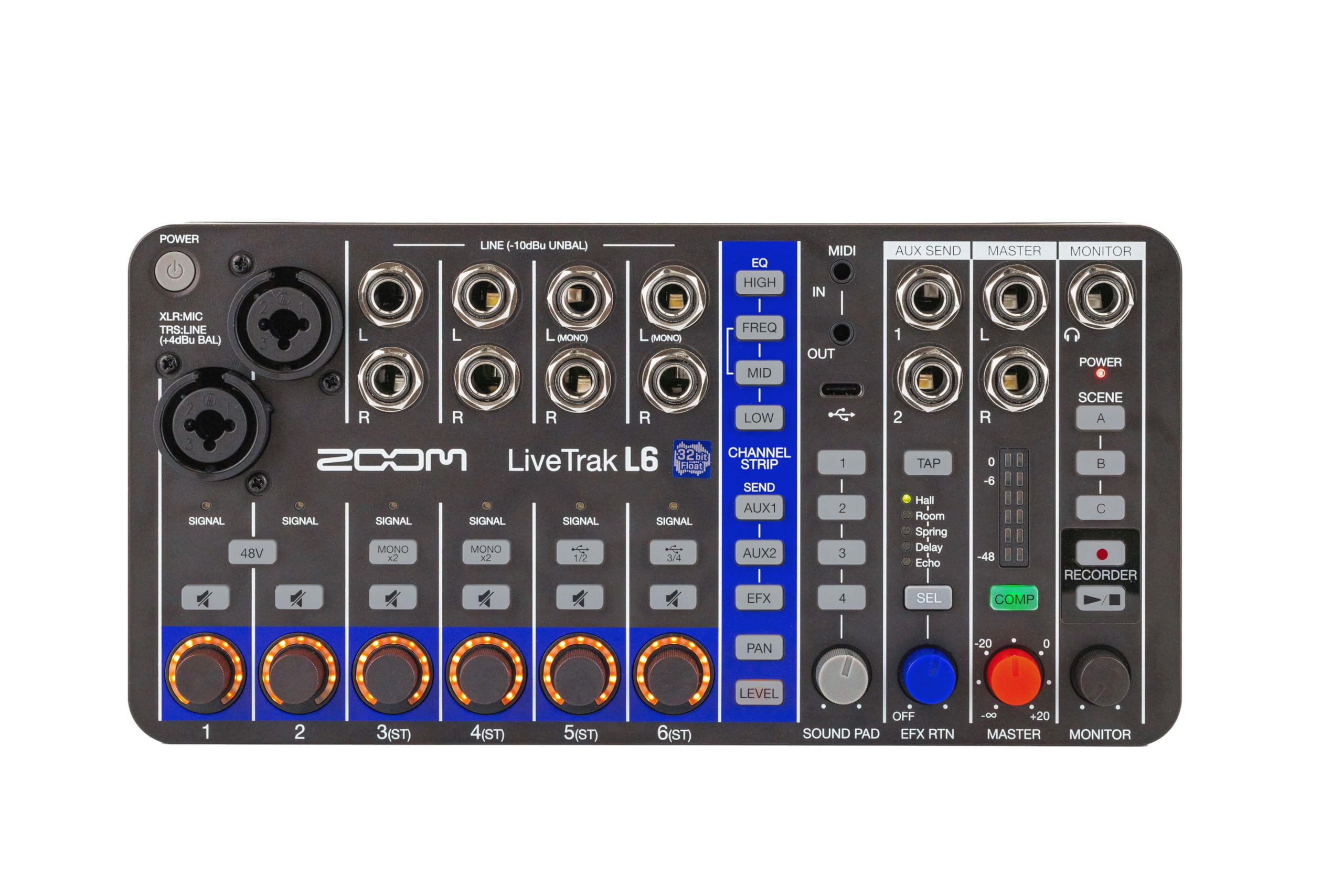 Zoom LiveTrak L6 Digital Mixer/Recorder, Battery Powered, 32-Bit Float, 10-Channels, 2 Combo + 4 Stereo Inputs, MIDI, Effects, S