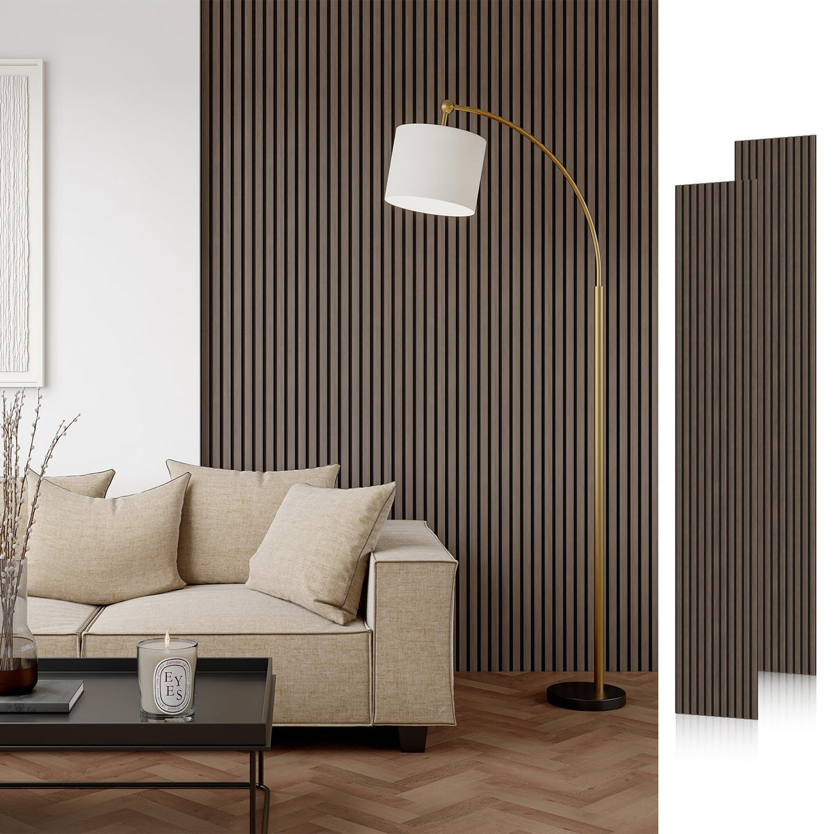 Wood Slat Acoustic Panels, 106'' X 12.6'' Each Soundpoof Wooden Slat Wall Panel - Dark Walnut, 2 Pack