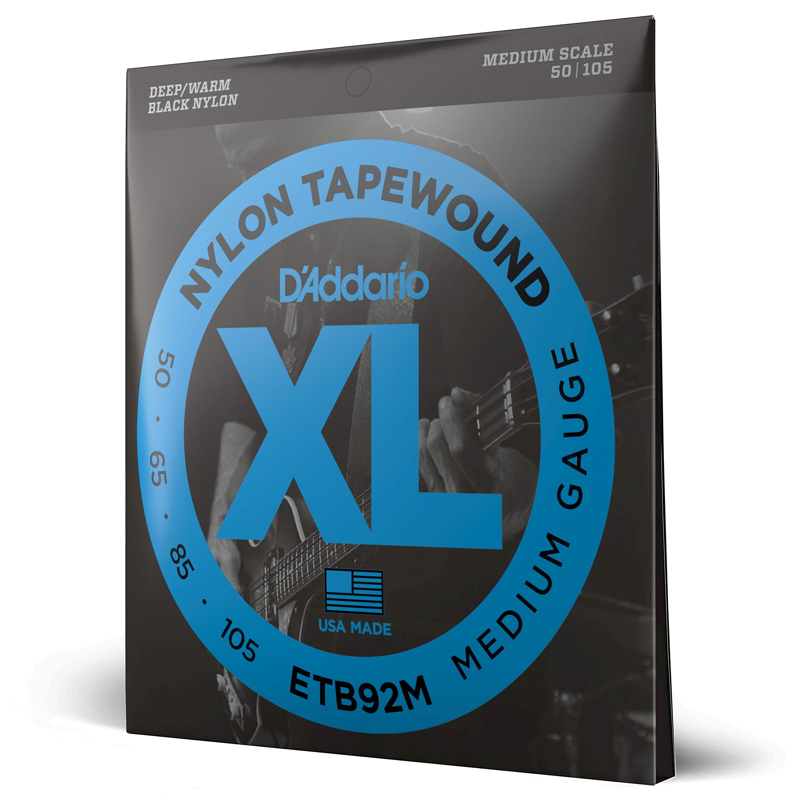 D'Addario Bass Guitar Strings, Tapewound Black Nylon, ETB92M, Medium Scale, Medium Gauge 50-105, 4-String Set, Pack of 1