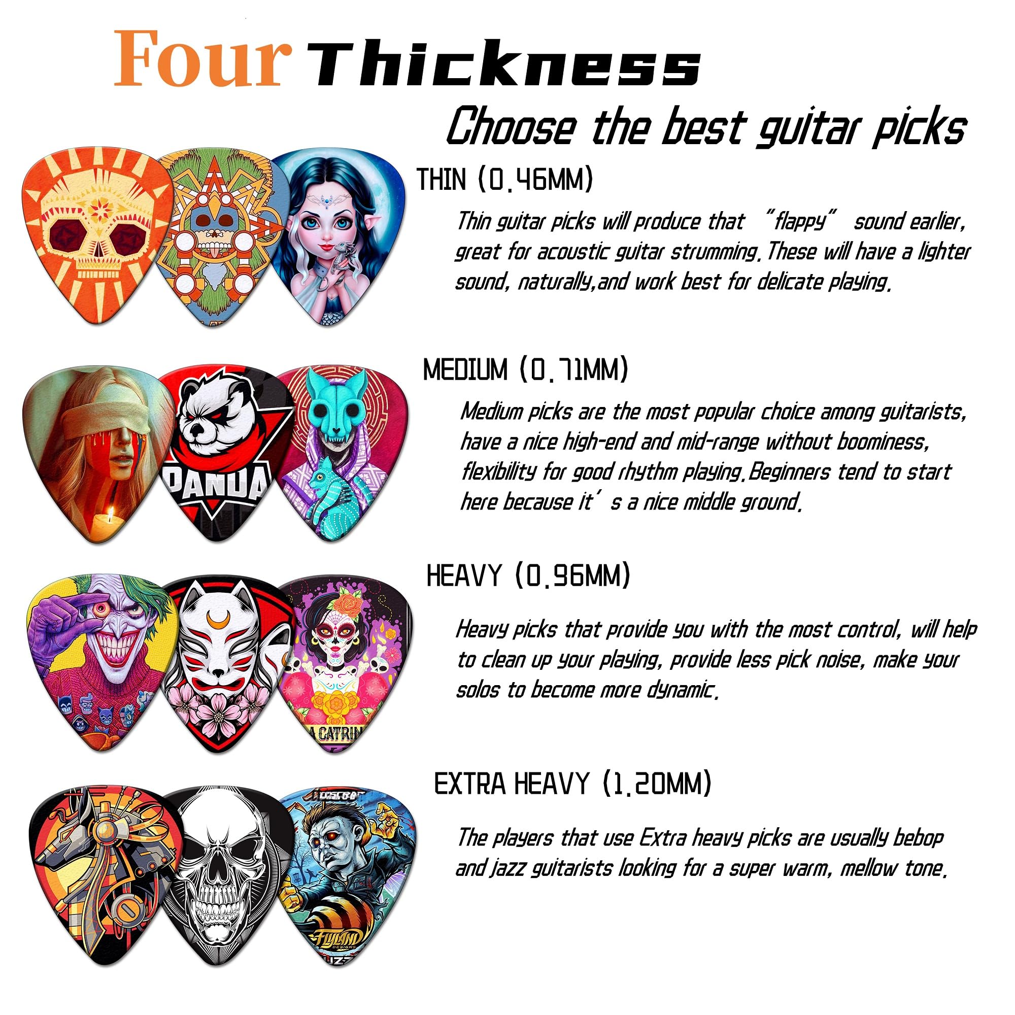 Guitar Picks 24 Pack Thin, Medium, Heavy 0.46 0.71 0.96 1.2mm Bass Guitar Pick with Tin Box,Guitar Picks for Acoustic Guitar,Ele