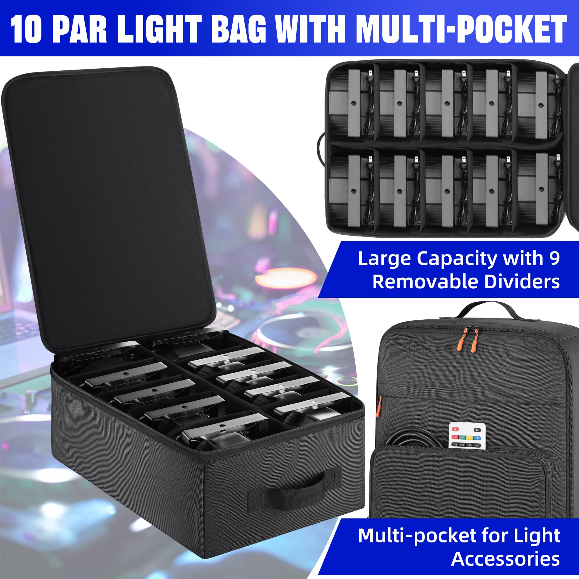 Aleemin Par Light Bag Soft Padded for 10 Par Lights, Stage Lighting Case with Removable Dividers & Backpack-strap & Handle, Ligh