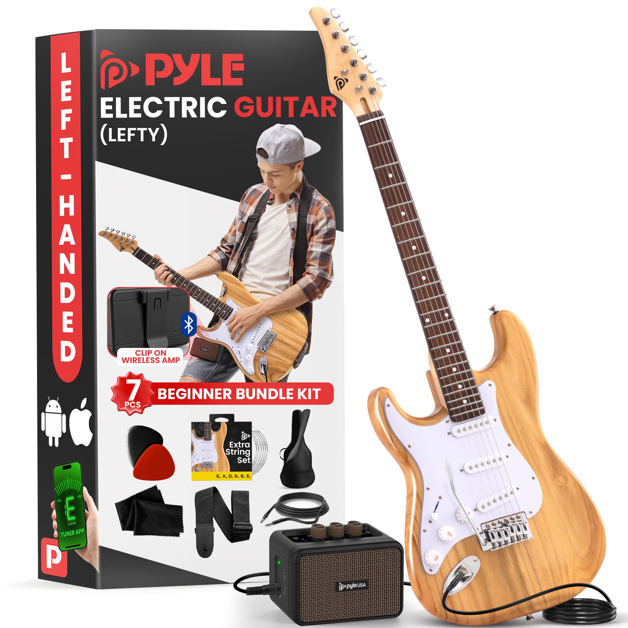 Pyle Full Size Left Handed Electric Guitar Kit With 5W Amplifier, Gig Bag, Picks, Spare Strings, And Strap, St-Style Beginner Gu