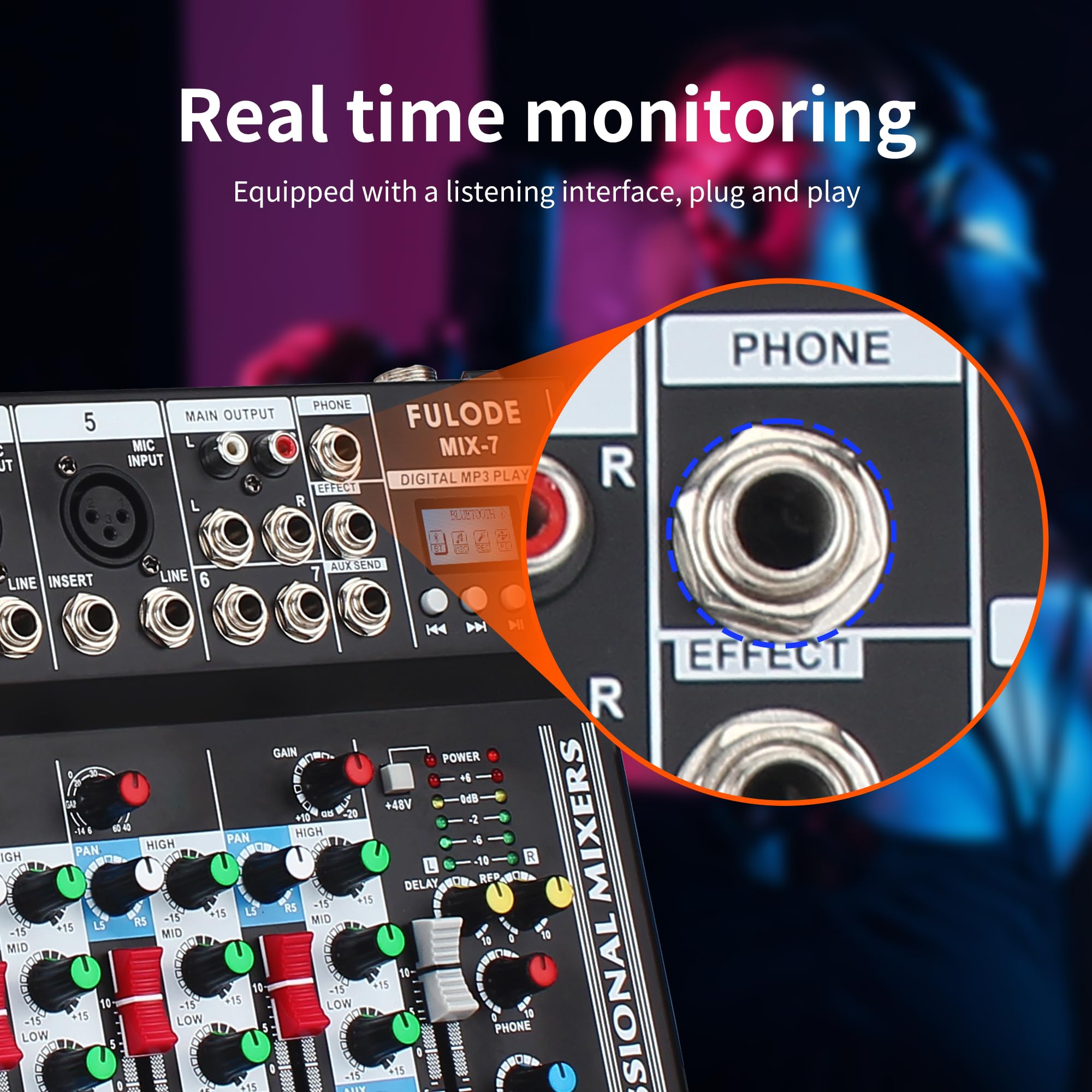 FULODE 7-Channel audio mixer, Bluetooth Portable Sound board w/USB DJ Mixer MP3 Jack 48V Power for Computer Recording, Sound Mix