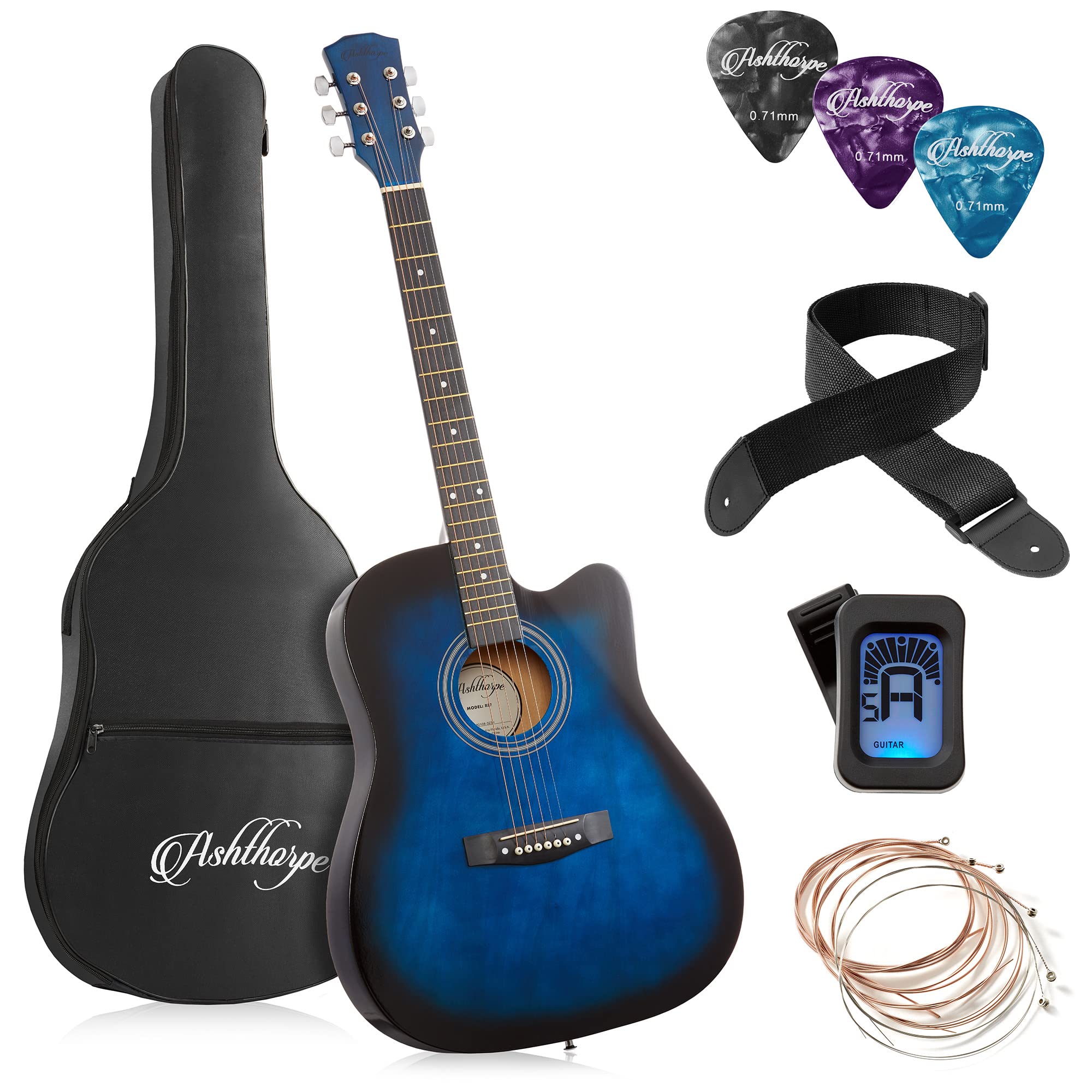 Ashthorpe 41-Inch Beginner Cutaway Acoustic Guitar Package (Blue), Full Size Basic Starter Kit W/Gig Bag, Strings, Strap, Tuner,