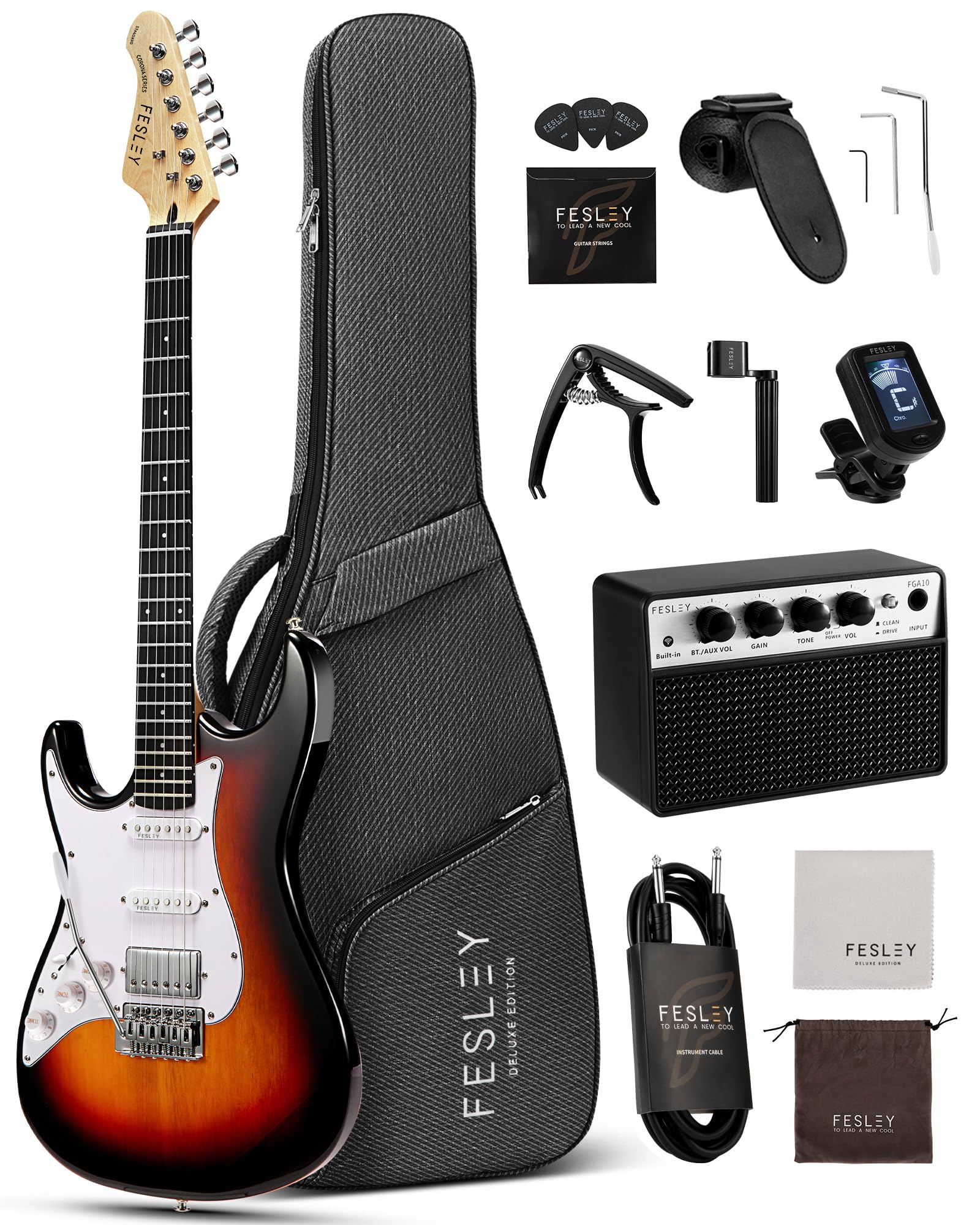 Fesley Left-Handed Electric Guitar: 39 Full Size Beginner Electric Guitar Kit, HSS Pickup, Solid Body Guitar Starter Set with Am