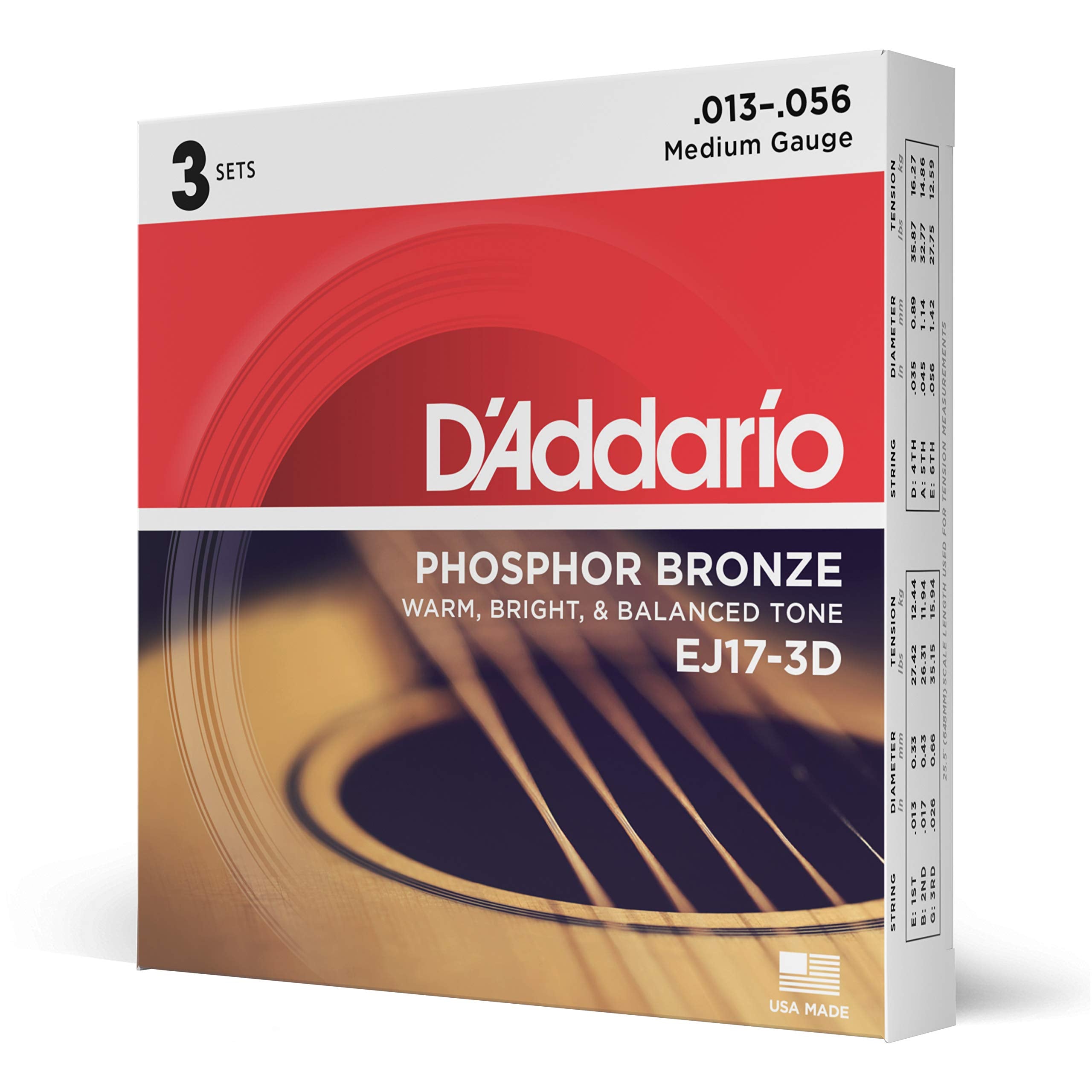 D'Addario Guitar Strings - Phosphor Bronze Acoustic Guitar Strings - Ej17-3D - Rich, Full Tonal Spectrum - For 6 String Guitars