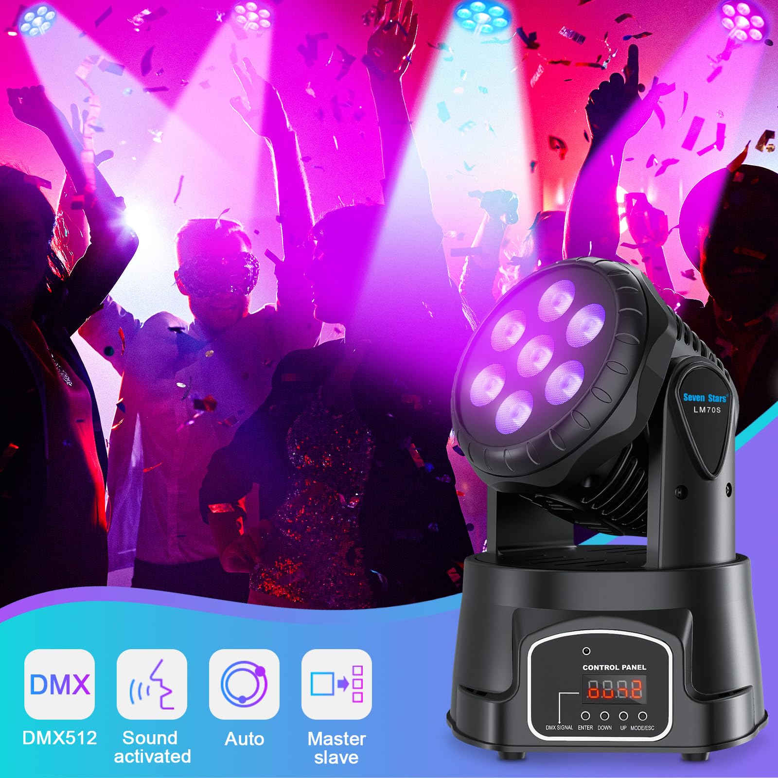Seven Stars DJ Lights Moving Head 60W Light Stage Lighting RGBW DJ Light 9/16 Channel DMX-512 Spotlight for Bars, Disco, Church,