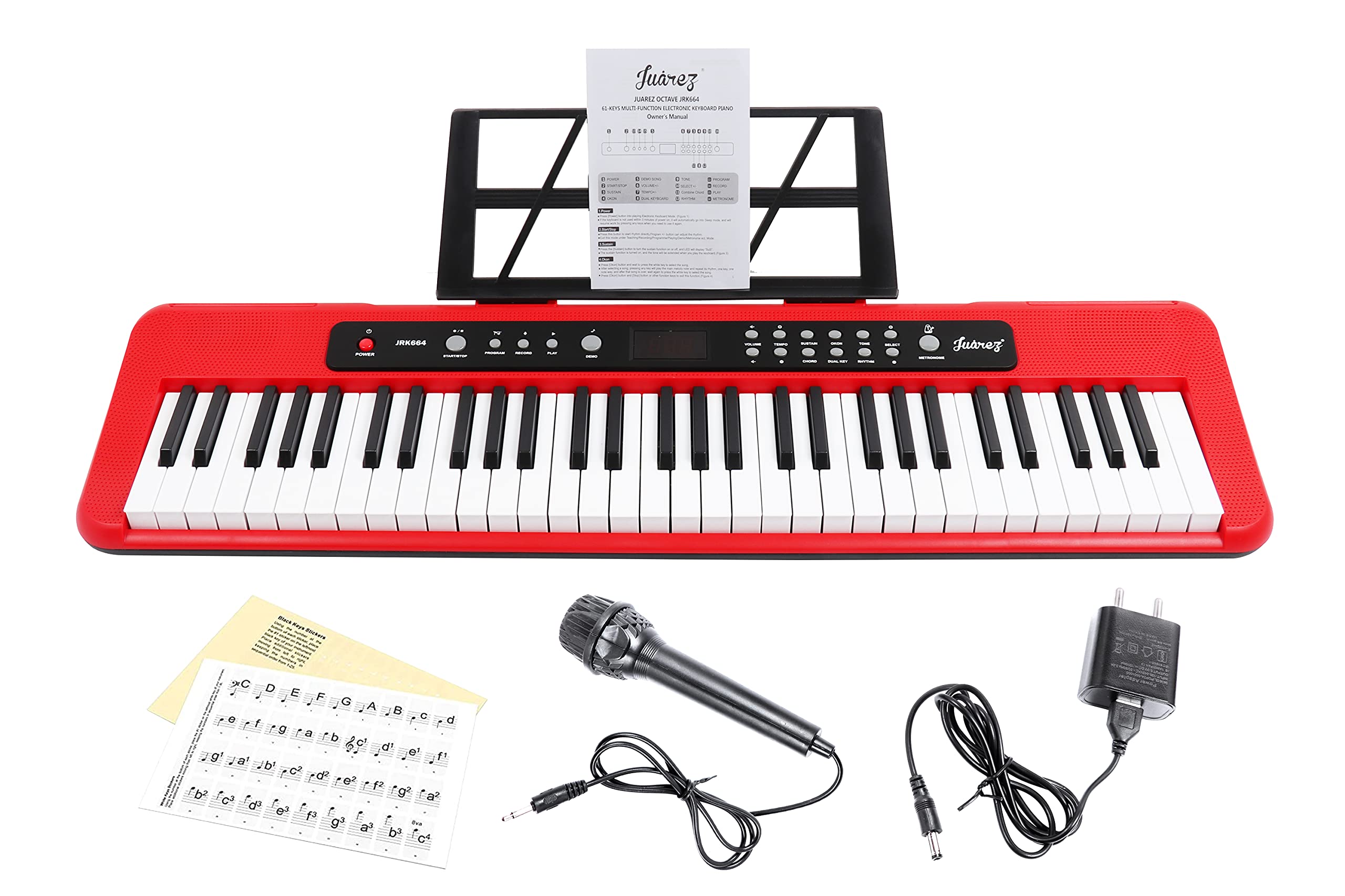 Juarez Jrk664Rd 61-Key Electronic Keyboard  200 Rhythms, 200 Tones, 70 Demo Songs, Mic, Adapter, Keynote Stickers, Stand, Record