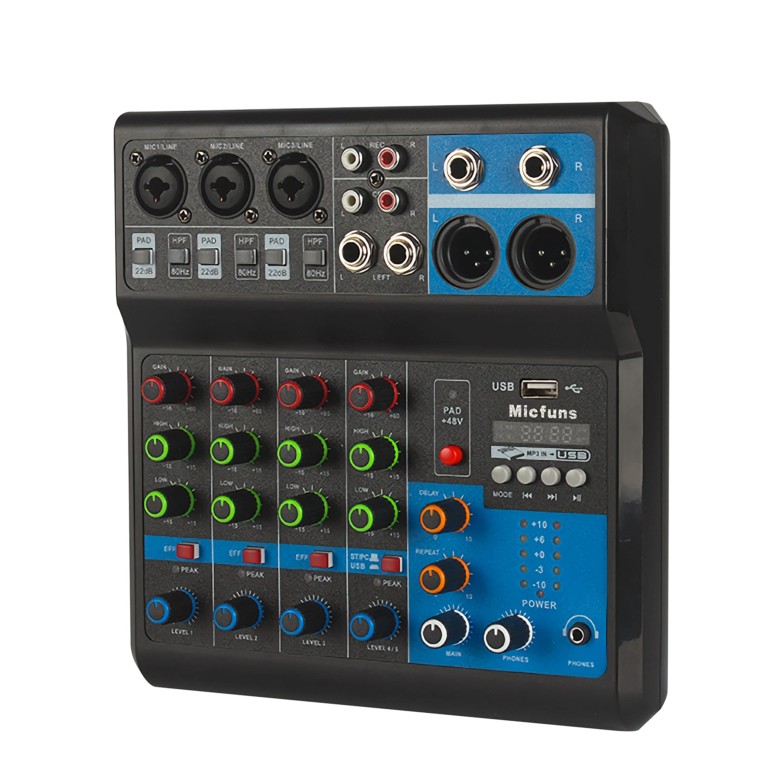 Mini audio DJ mixer Sound Board Console System,5 Channel 48V Phantom Power with Bluetooth USB MP3 Stereo live DJ Studio Streamin