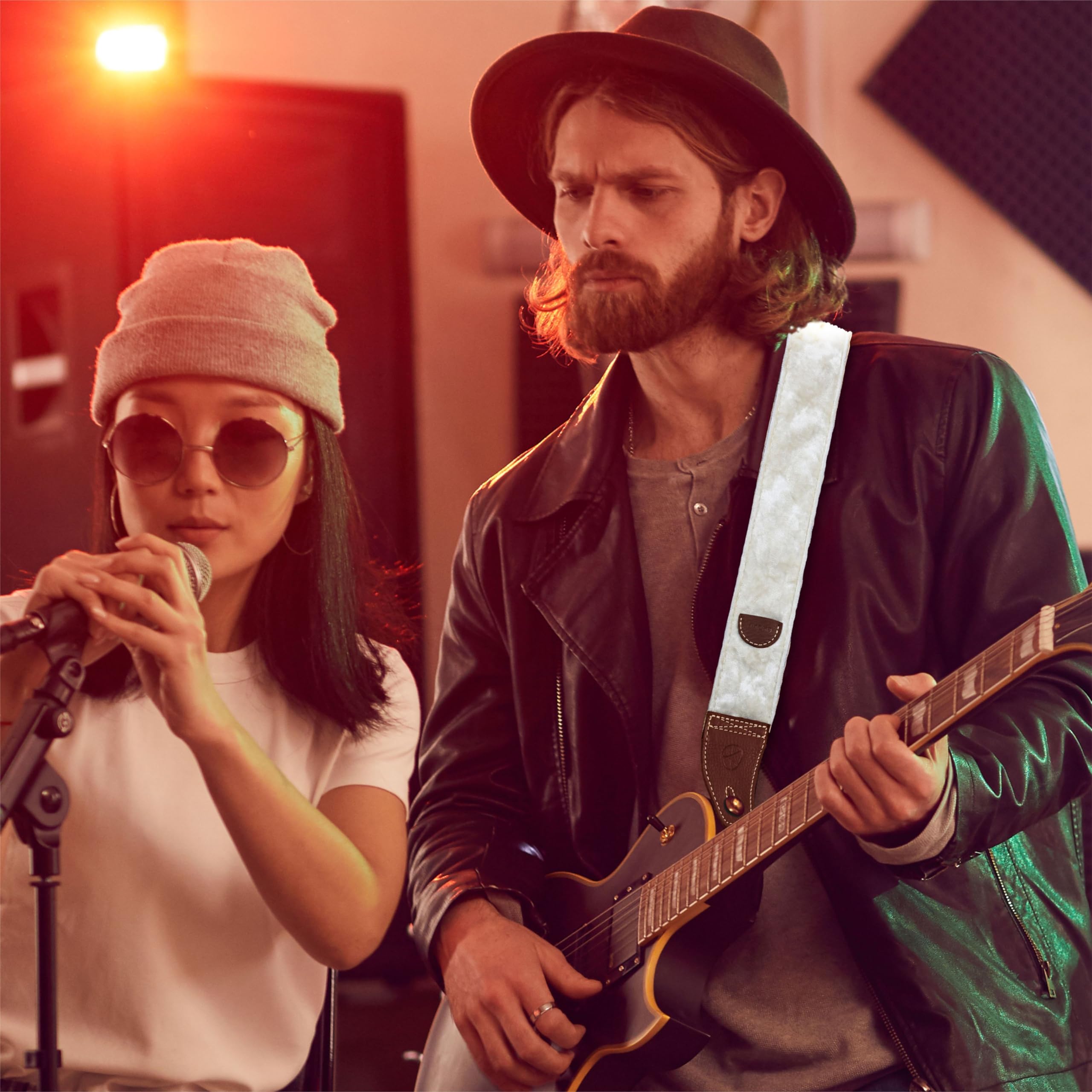 YIKOKO Guitar Strap 2 inch Velvet Guitar Straps with Full Grain Leather End, for Bass Electric and Acoustic Guitars, Free Strap