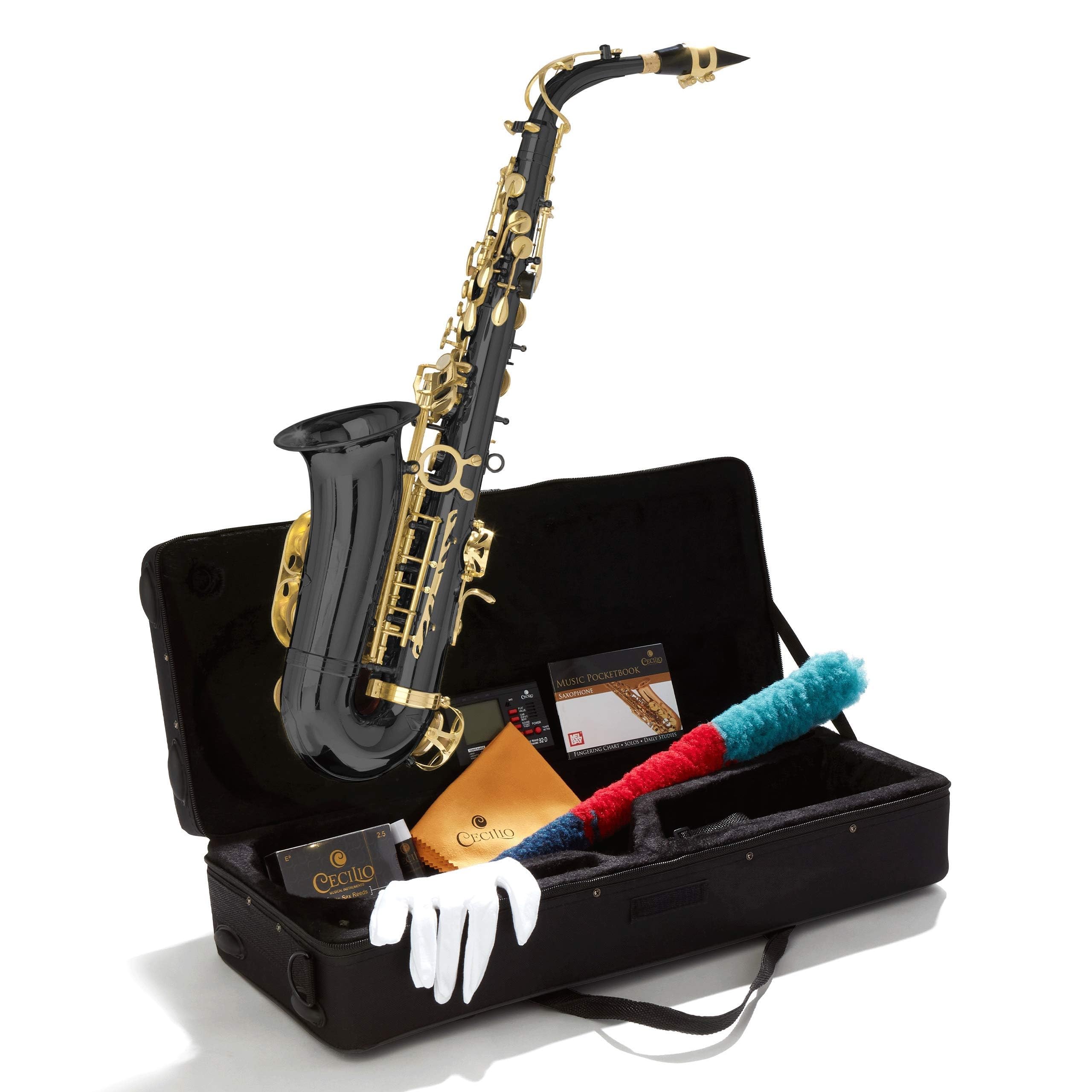 Mendini By Cecilio Tenor Saxophone - B Flat Black Golden Lacquer Saxophone for Beginner Musicians with Hard Case, Tuner, Mouthpi