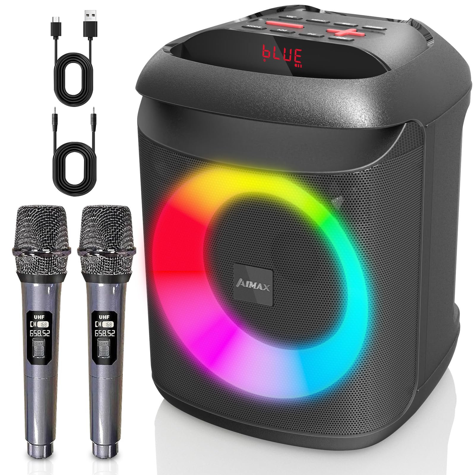 AIMAX Karaoke Machine with 2 Wireless Microphones, 6.5 Portable Bluetooth PA Speaker System for Kids & Adults, RGB Party Lights,
