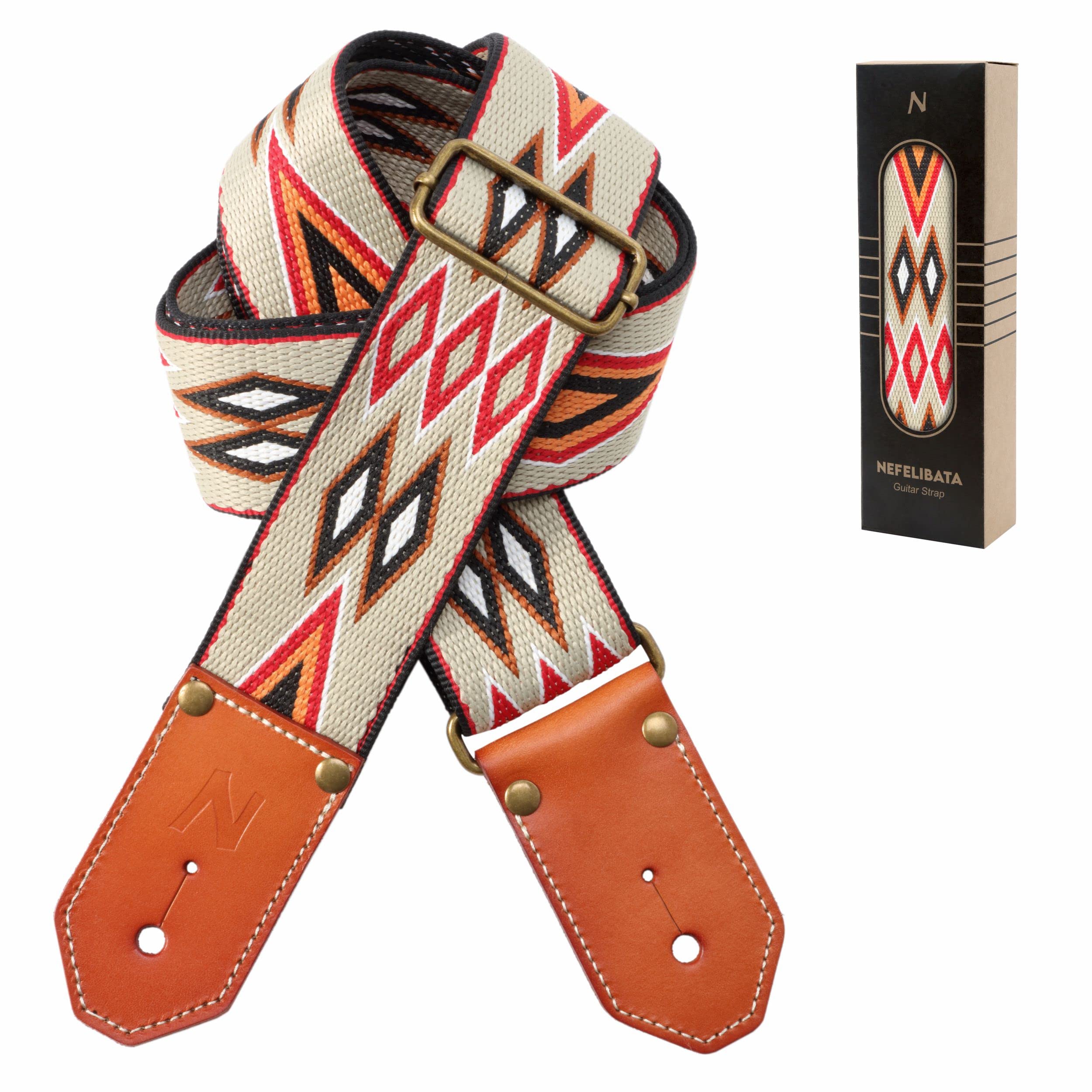 Nefelibata Cool Woven Guitar Strap - Cotton Guitar Straps With Thicked First Layer Vegetable Tanned Cowhide Leather Ends For Aco