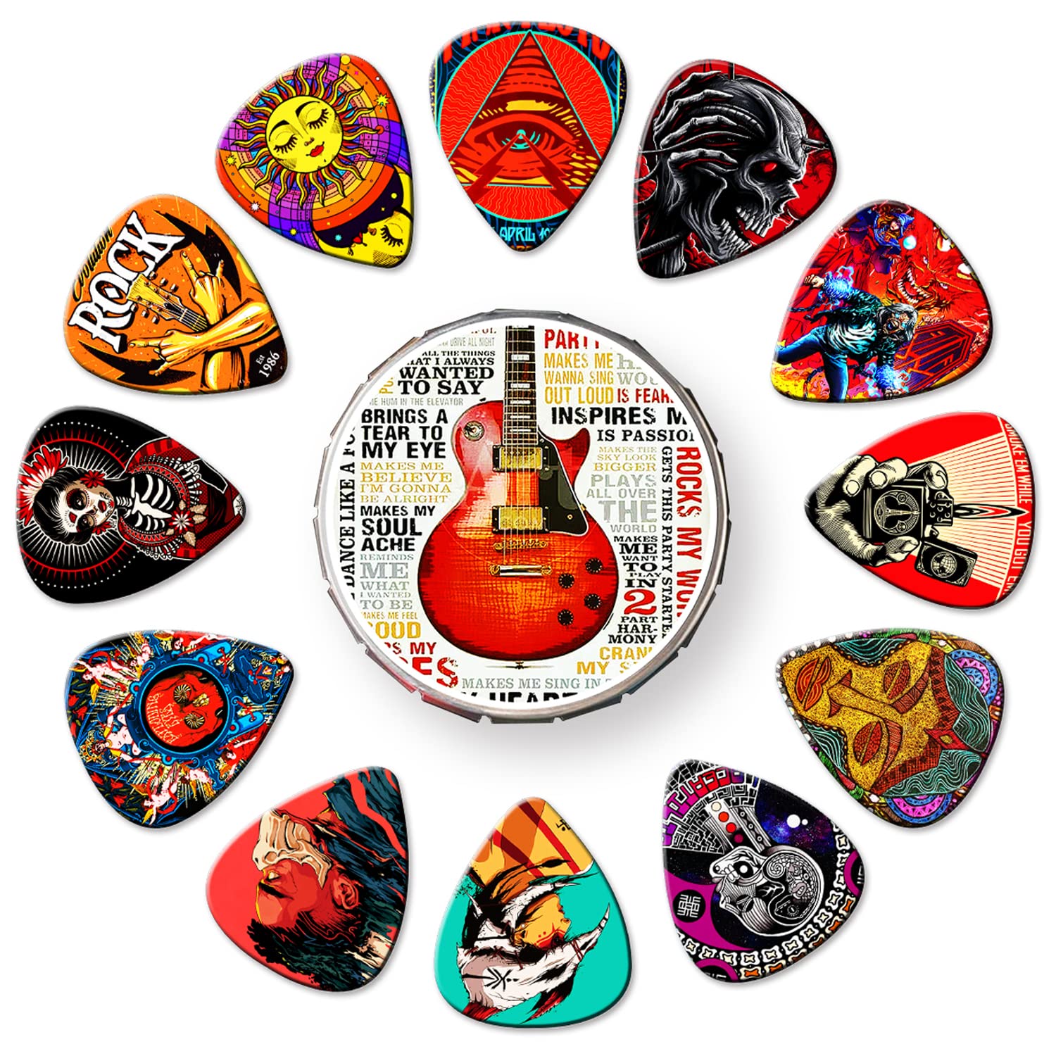 Guitar Picks 24 Pack Thin, Medium, Heavy & Extra Heavy Picks With Tin Box ,Variety Pack Artistic Celluloid Guitar Pick For Bass