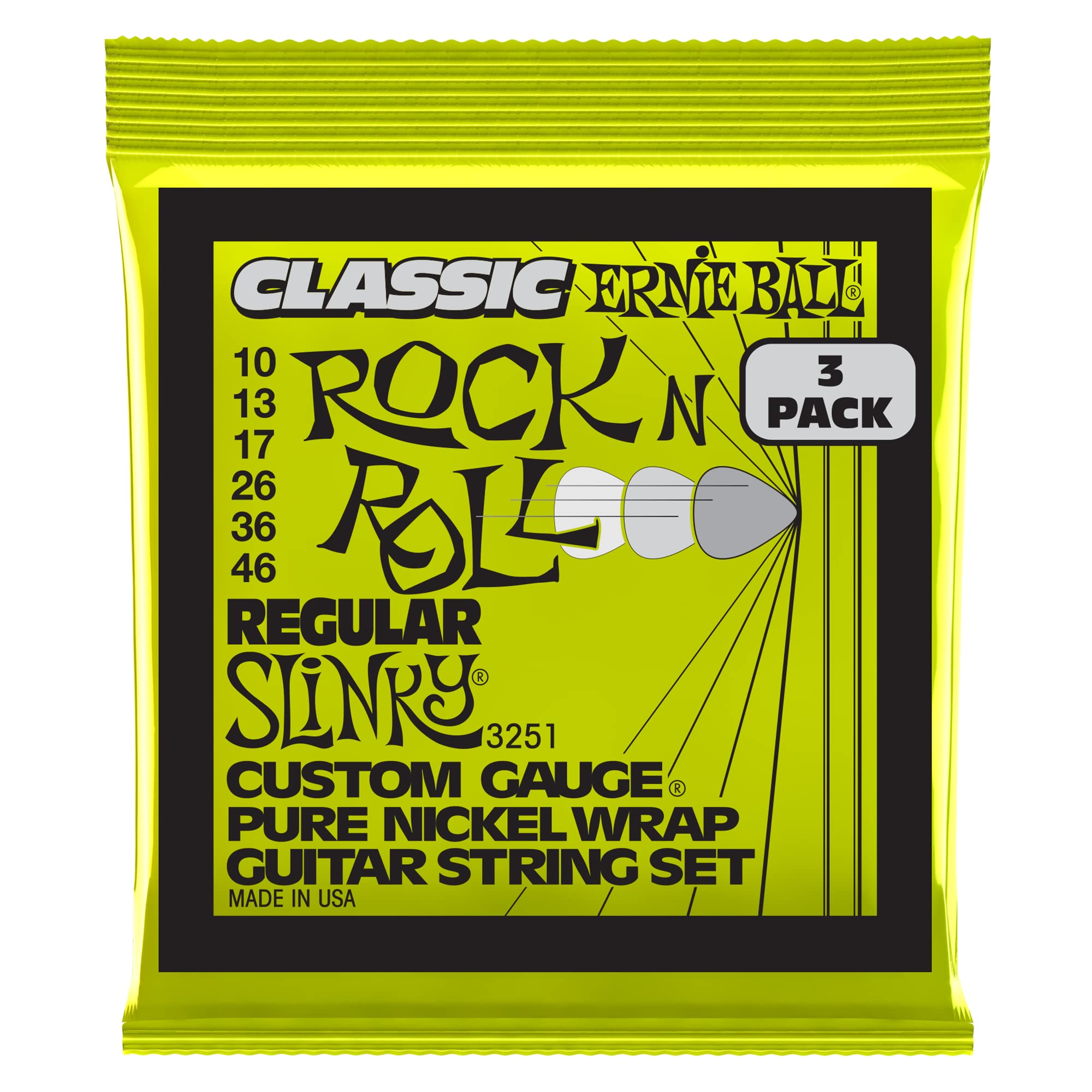 Ernie Ball Regular Slinky Classic Pure Nickel Electric Guitar Strings 3-Pack, 10-46 Gauge (P03251)