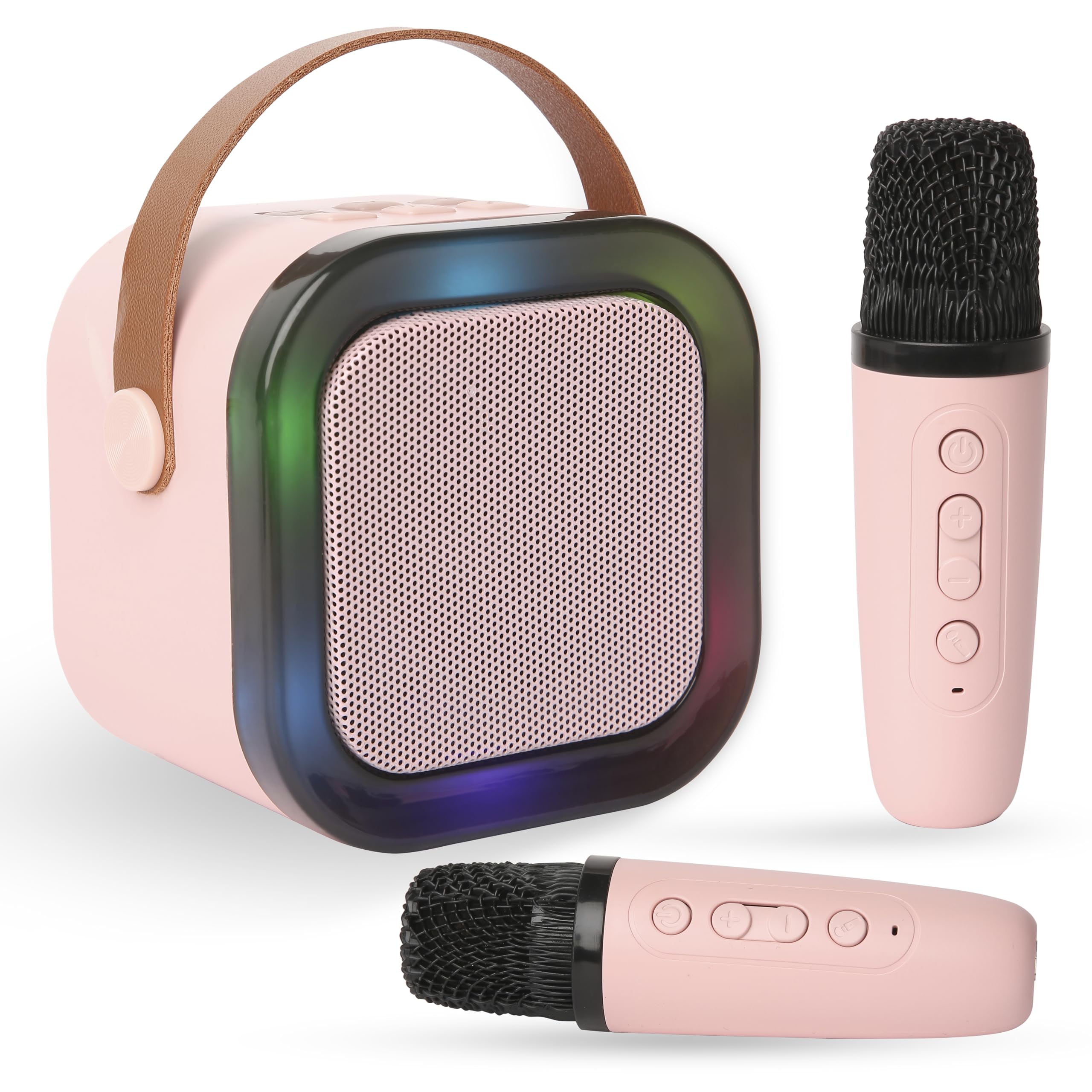 Juarez K12 Karaoke Speaker With 2 Wireless Microphones  Portable Bluetooth Party Speaker In Pink, Led Lights, Powerful Bass, Ide