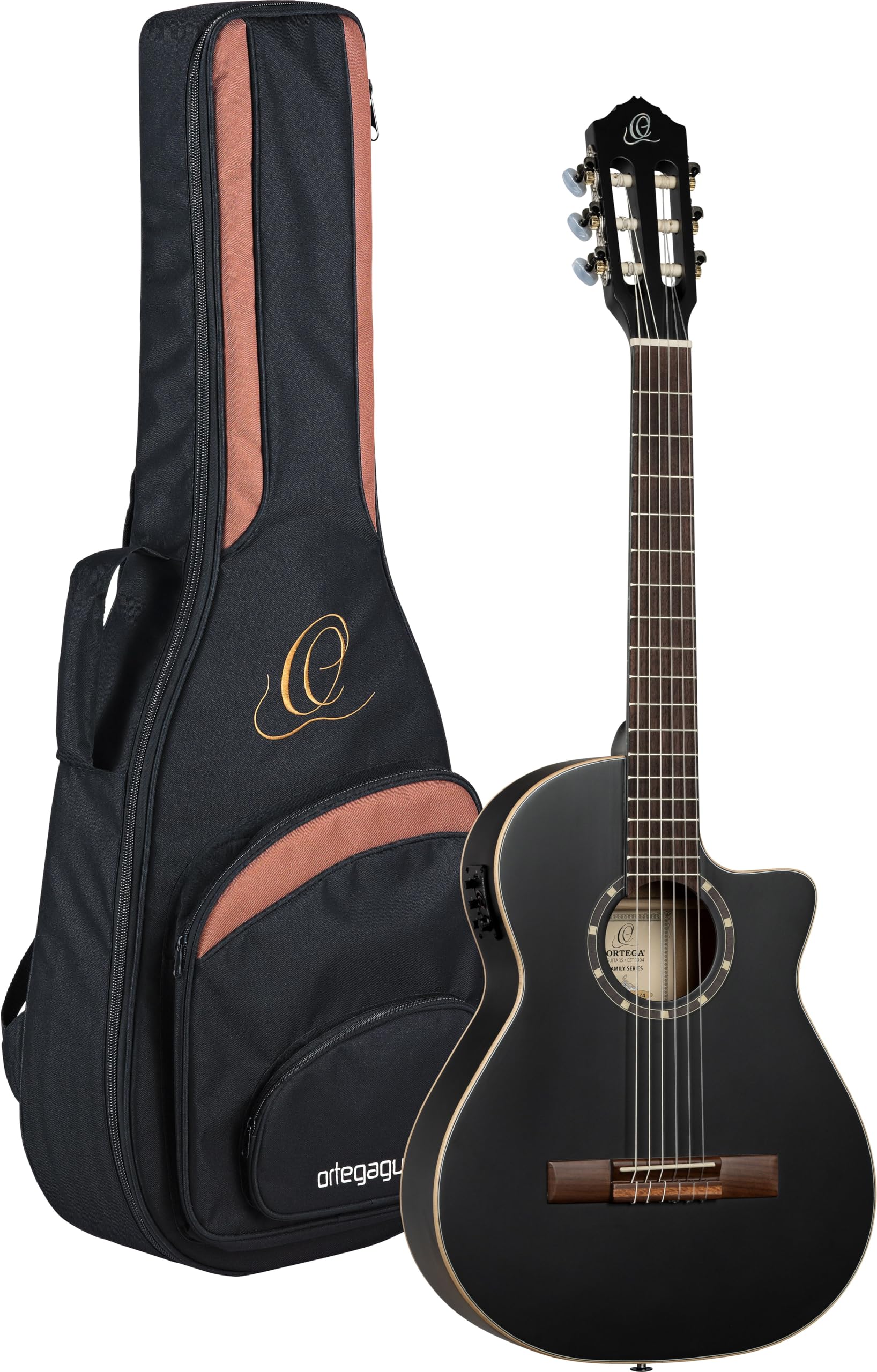 Ortega Family Series 3/4 size Thinline Nylon-String Acoustic-Electric Guitar w/Pro gig bag, Satin Black (RCE125SBK-3/4)
