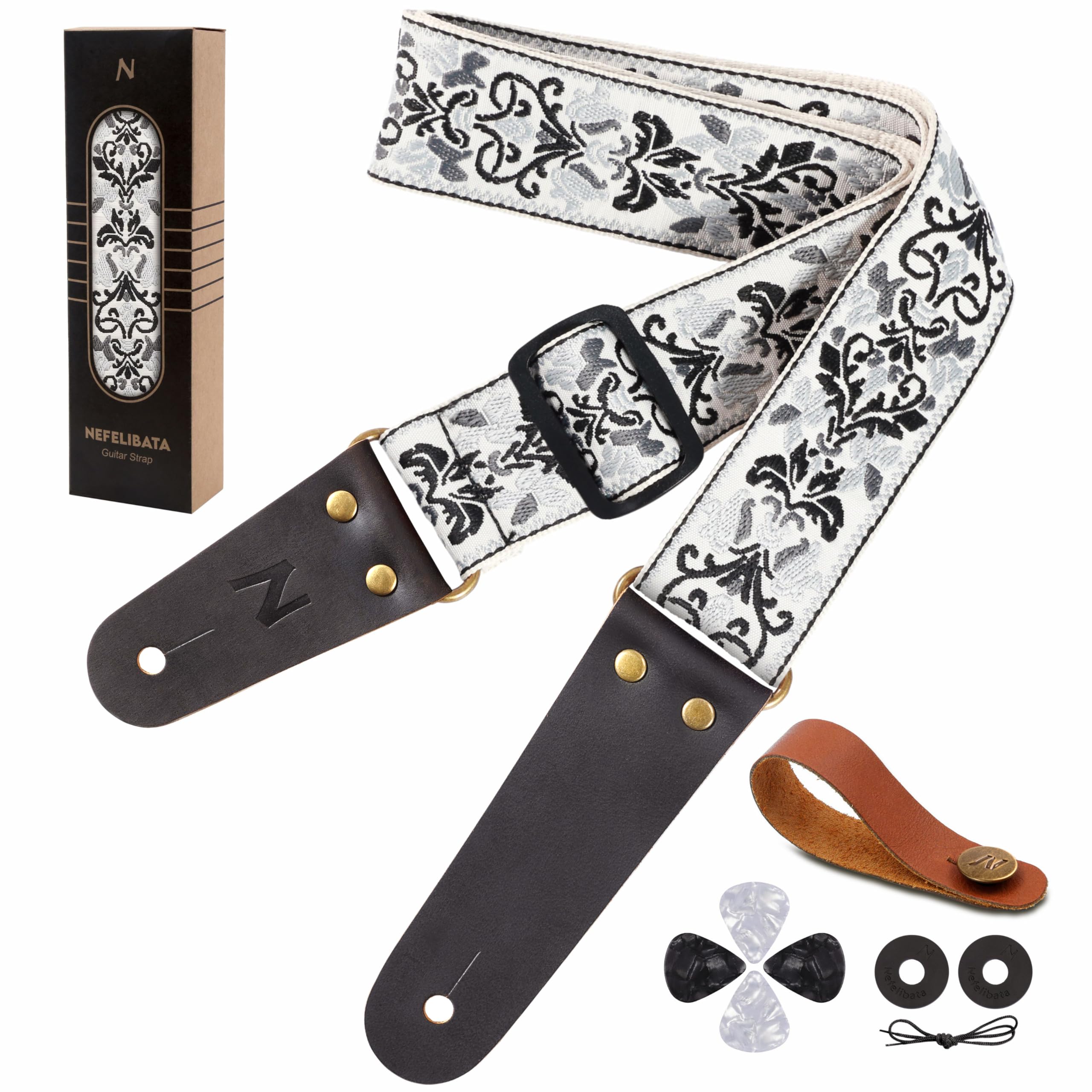 Nefelibata Guitar Strap, Embroidered Cotton Guitar Straps with Head Cowhide Leather Ends for Bass, Electric & Acoustic Guitar, w