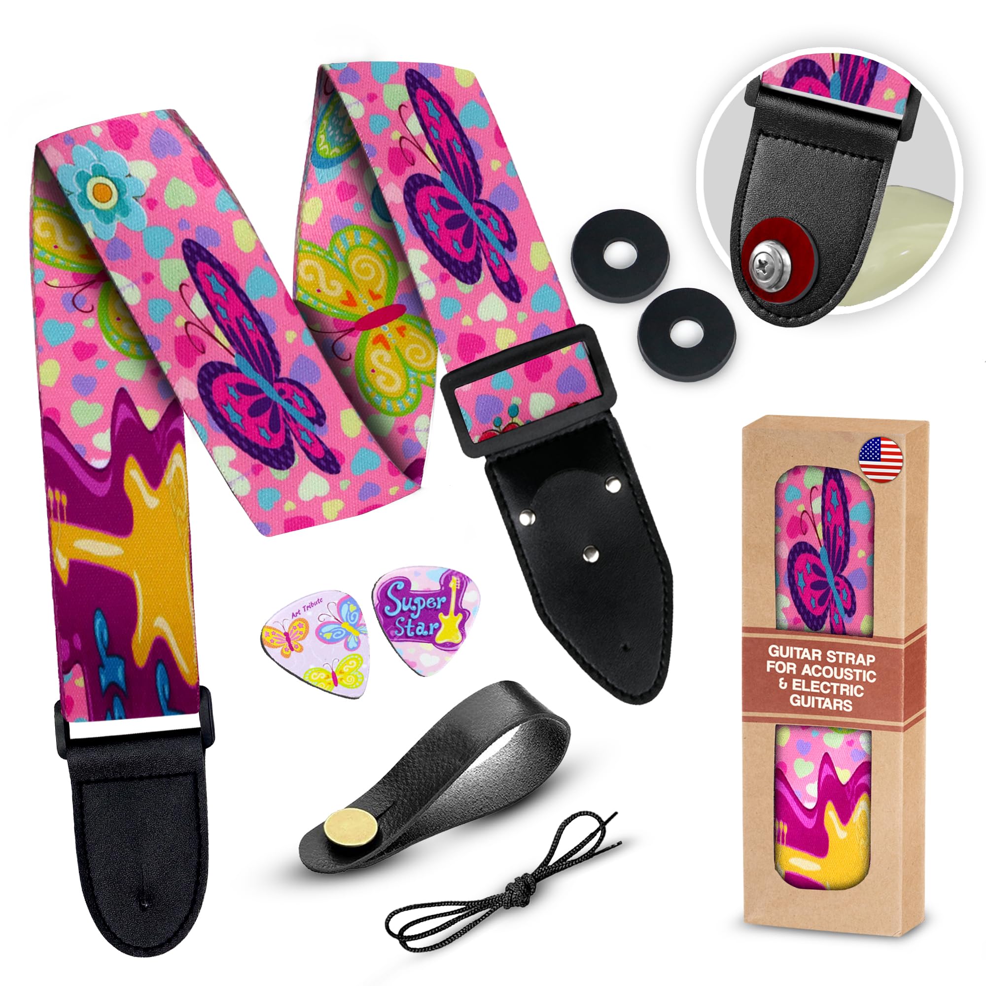 Art Tribute Pink Guitar Strap Adjustable For Kids & Girls - Christmas Gift & Stocking Stuffer Bundle - 2 Strap Locks & 2 Matchin
