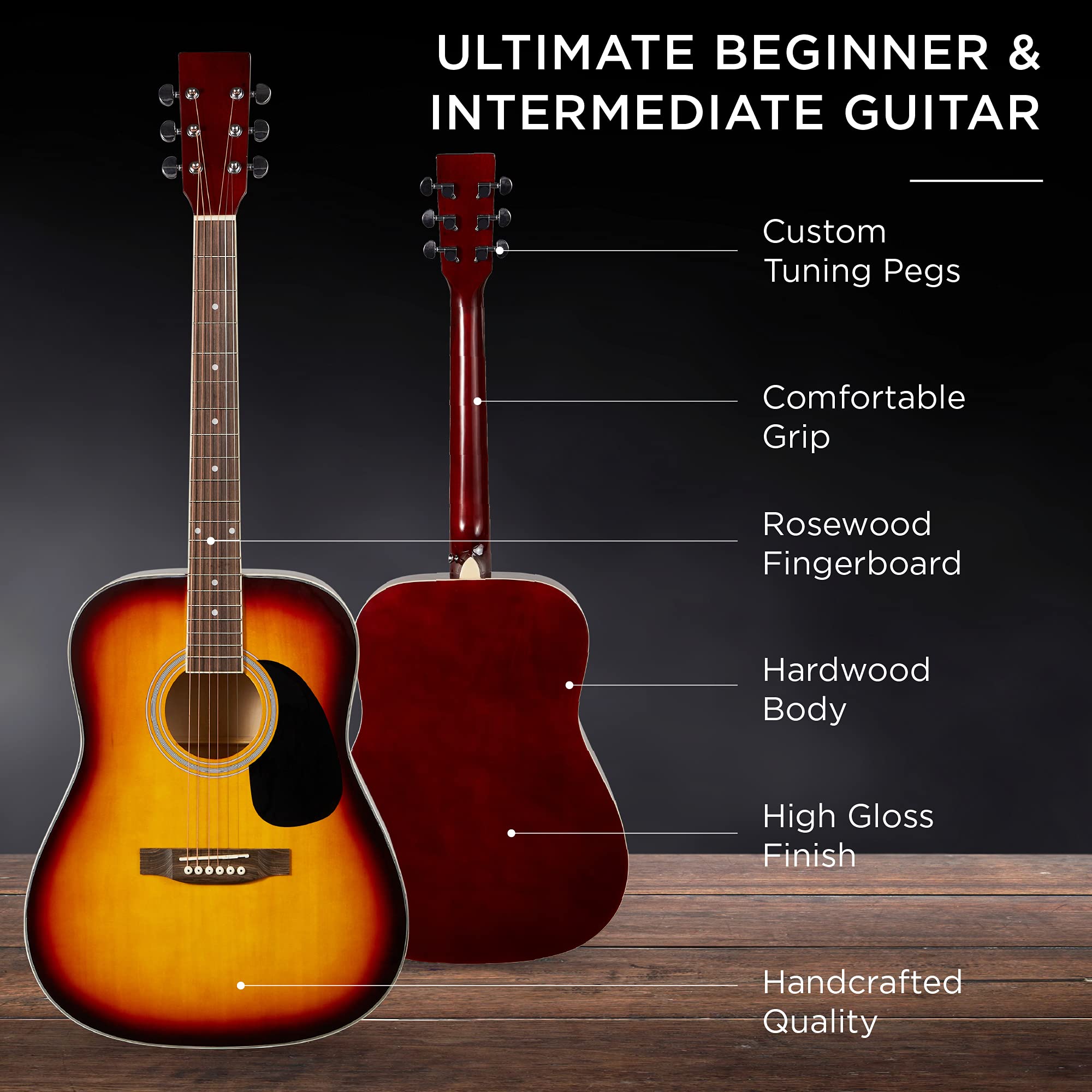 Best Choice Products 41in Full Size Beginner All Wood Acoustic Guitar Starter Set w/Gig Bag, Strap, Capo, Strings, Picks - Sunbu