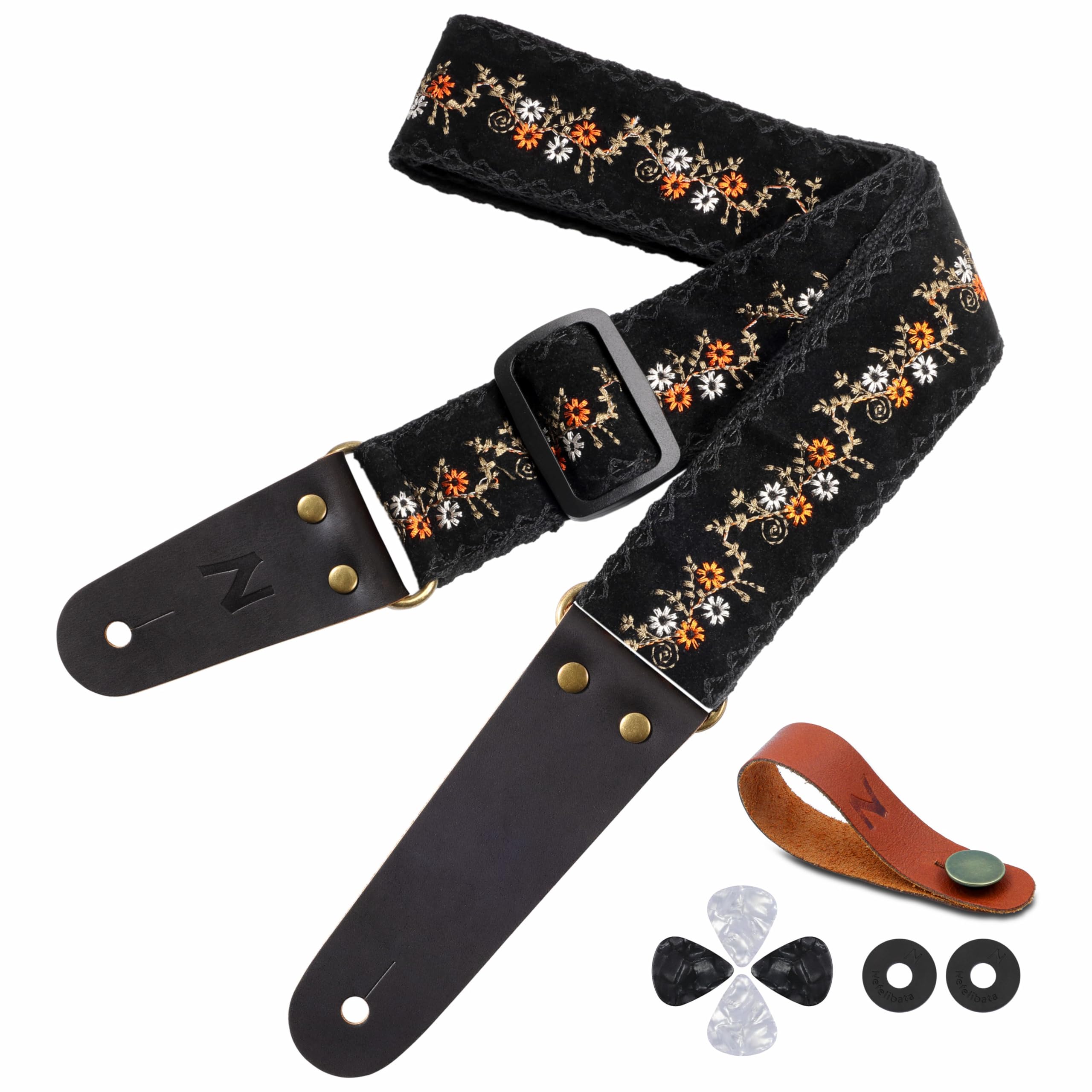 Nefelibata Guitar Strap, Flower Embroidery Guitar Straps With Head Cowhide Leather Ends For Bass, Electric & Acoustic Guitars, C