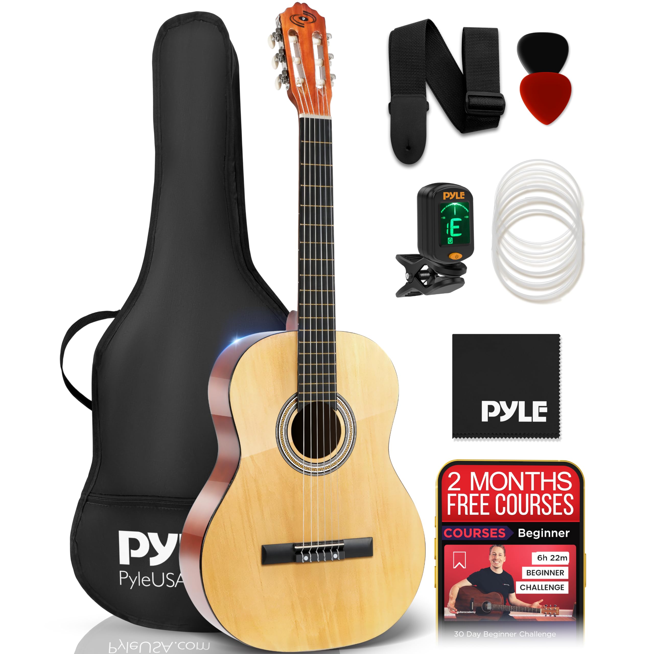 Pyle Beginner Acoustic Guitar Kit, 3/4 Junior Size All Wood Instrument For Kids, Adults, 36'' Natural Ash